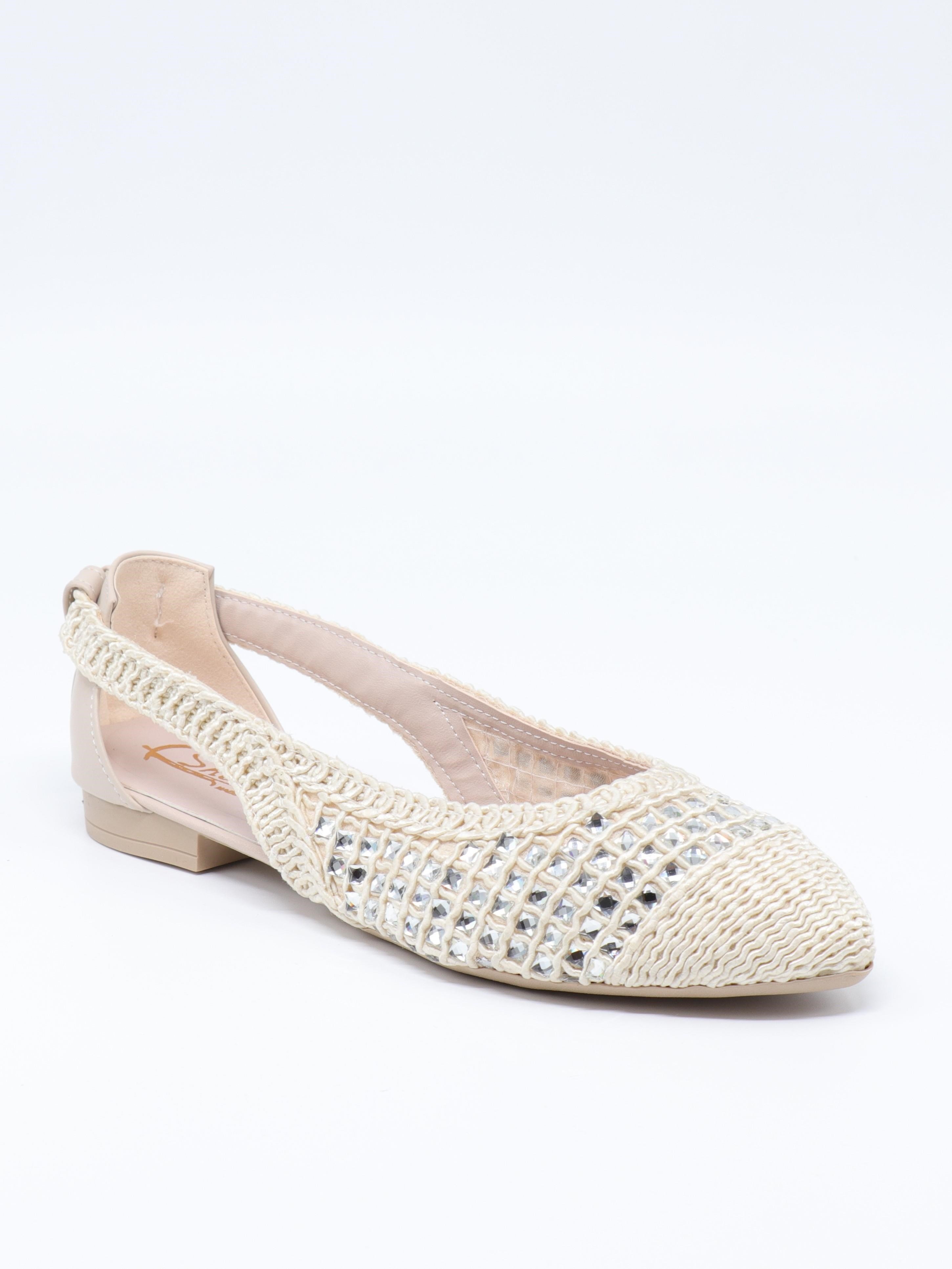 Nesil Shoes Ceylan 230 Krem Taşlı Hasır Kadın Babet