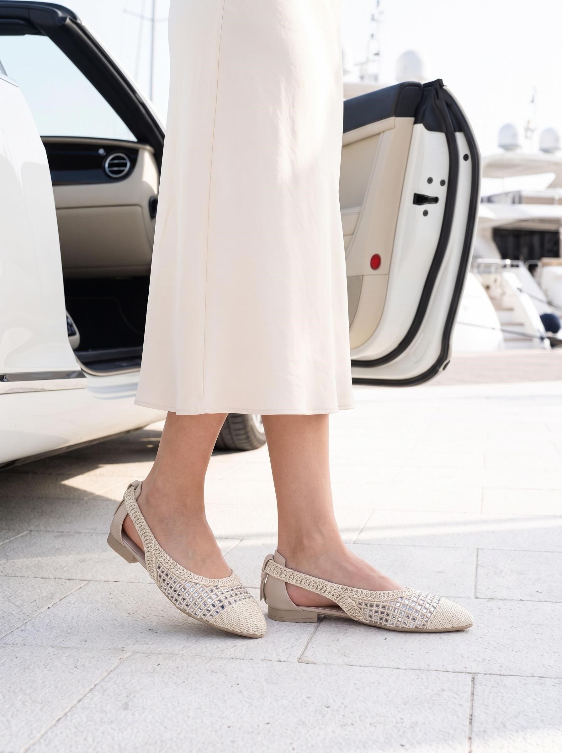 Nesil Shoes Ceylan 230 Krem Taşlı Hasır Kadın Babet