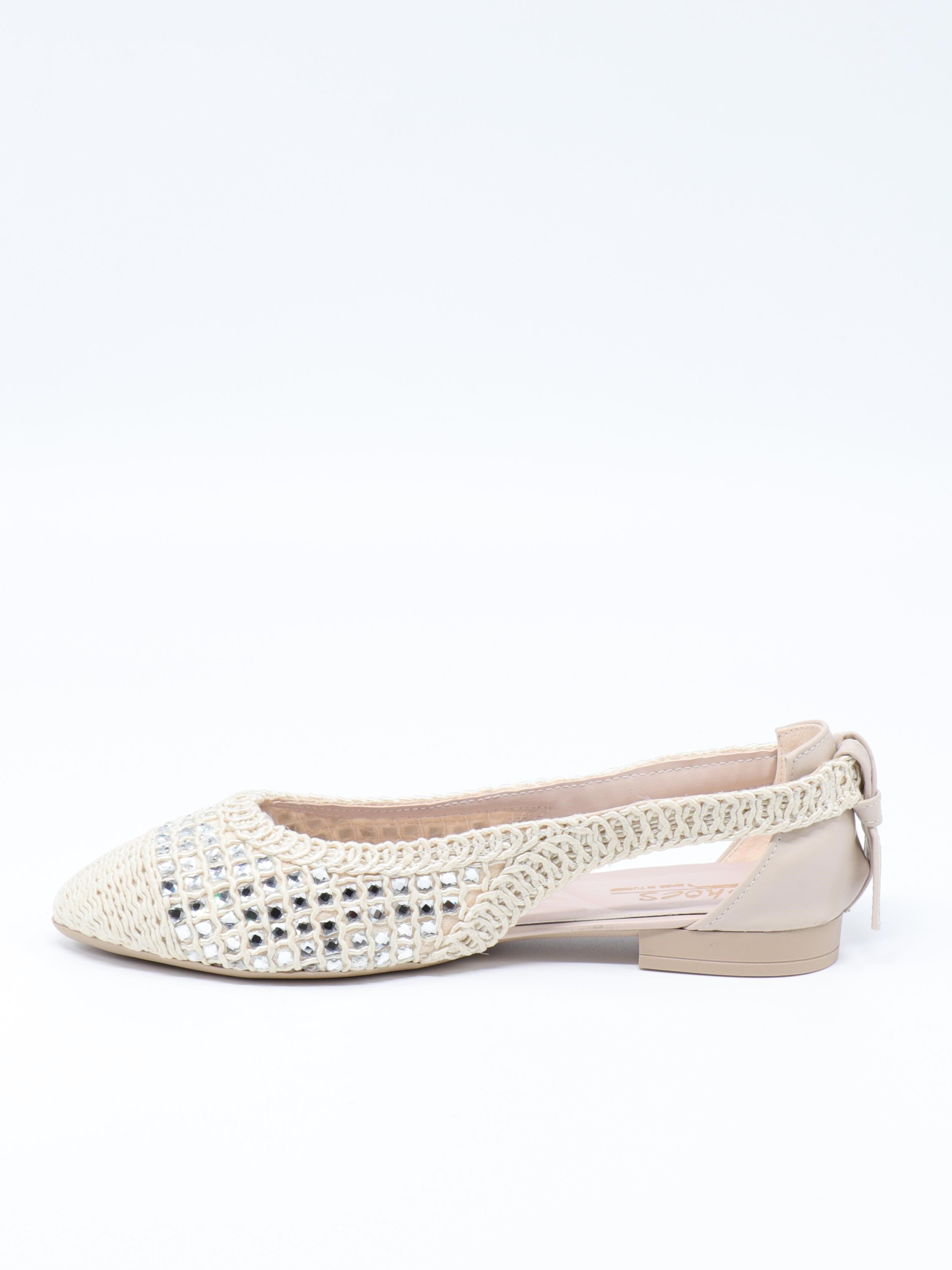 Nesil Shoes Ceylan 230 Krem Taşlı Hasır Kadın Babet