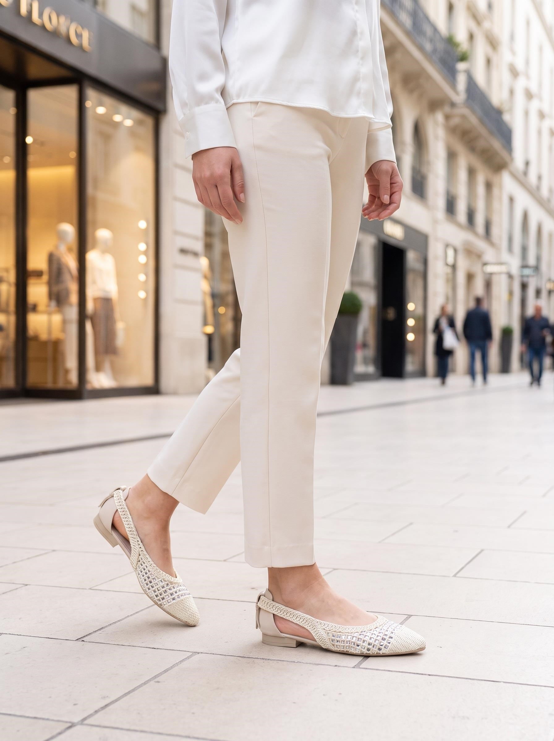 Nesil Shoes Ceylan 230 Krem Taşlı Hasır Kadın Babet