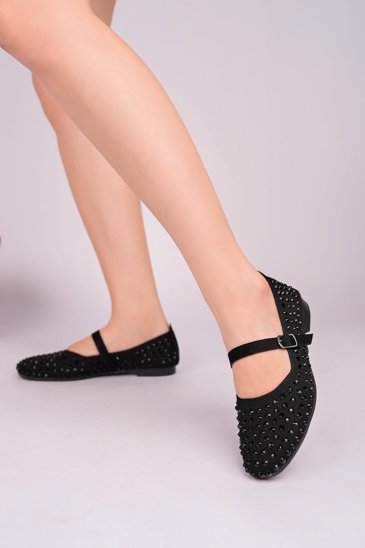 Nesil Shoes Ceylan 3170 Siyah Triko Taş Detaylı  Kadın Babet