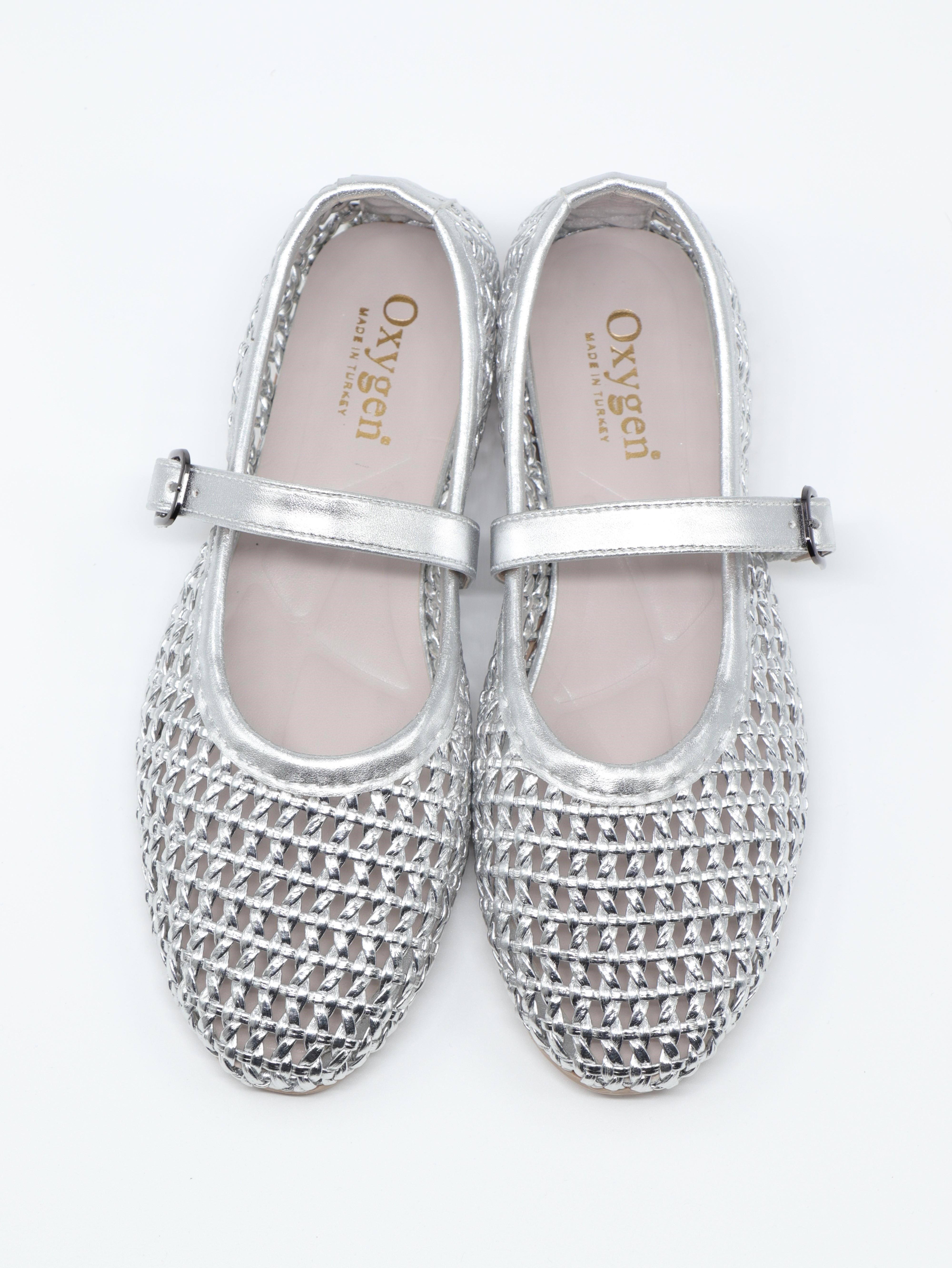 Nesil Shoes Ceylan 3501 Gümüş Hasır Örgü Kadın Babet