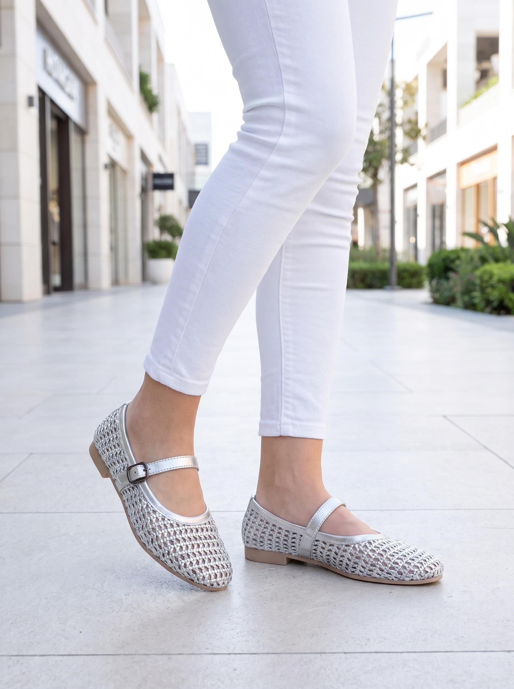 Nesil Shoes Ceylan 3501 Gümüş Hasır Örgü Kadın Babet