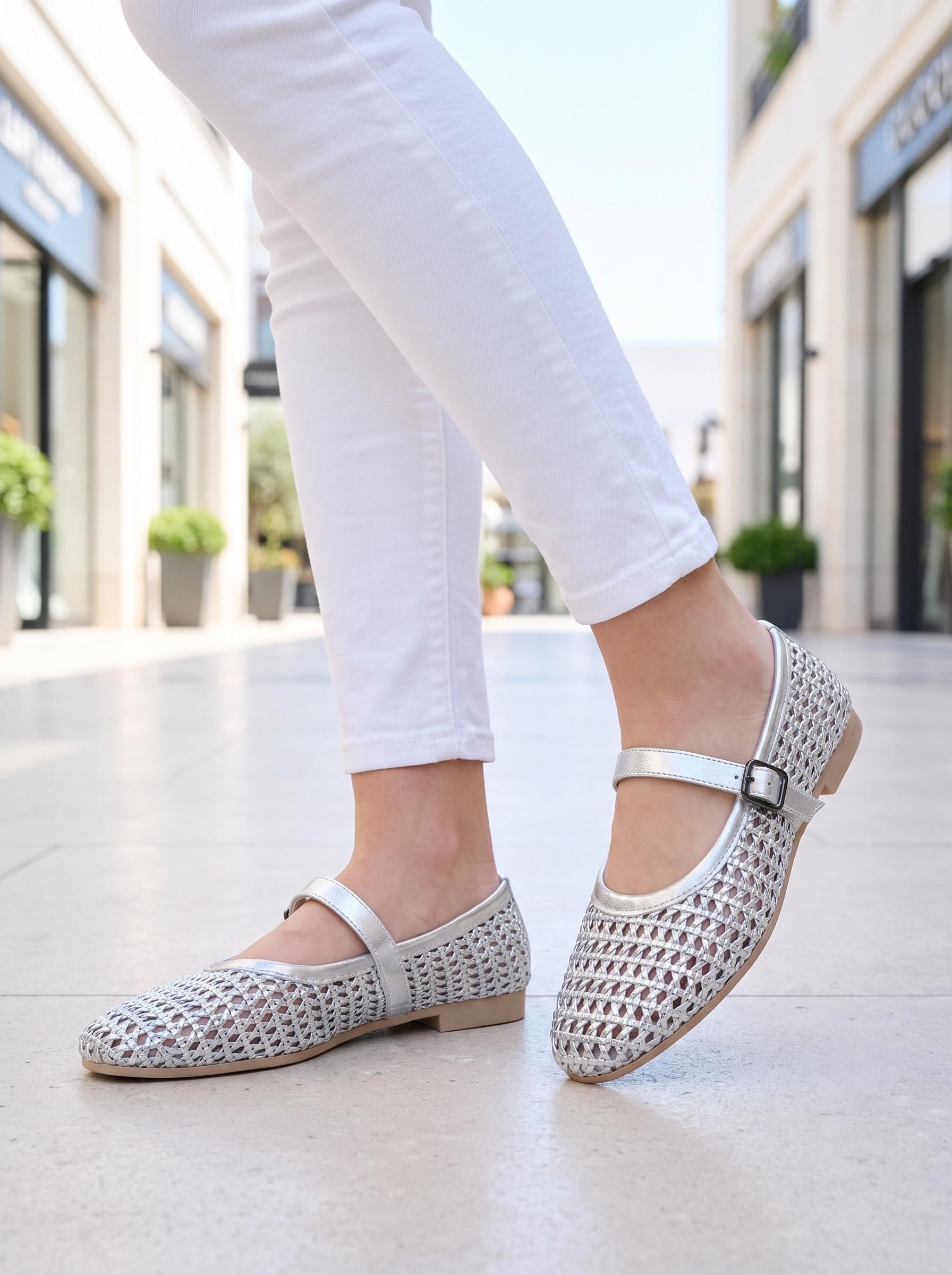 Nesil Shoes Ceylan 3501 Gümüş Hasır Örgü Kadın Babet