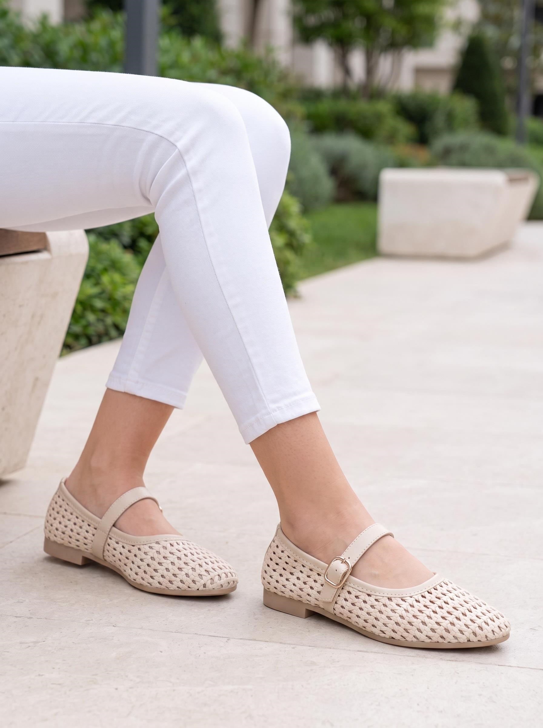 Nesil Shoes Ceylan 3501 Ten Hasır Örgü Kadın Babet
