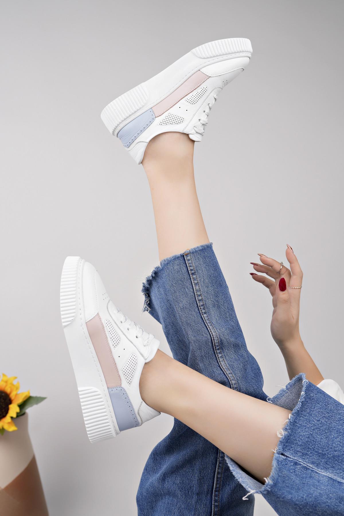 Nesil Shoes Comfo 100 Beyaz Pembe Hakiki Soft Deri Kadın Sneakers