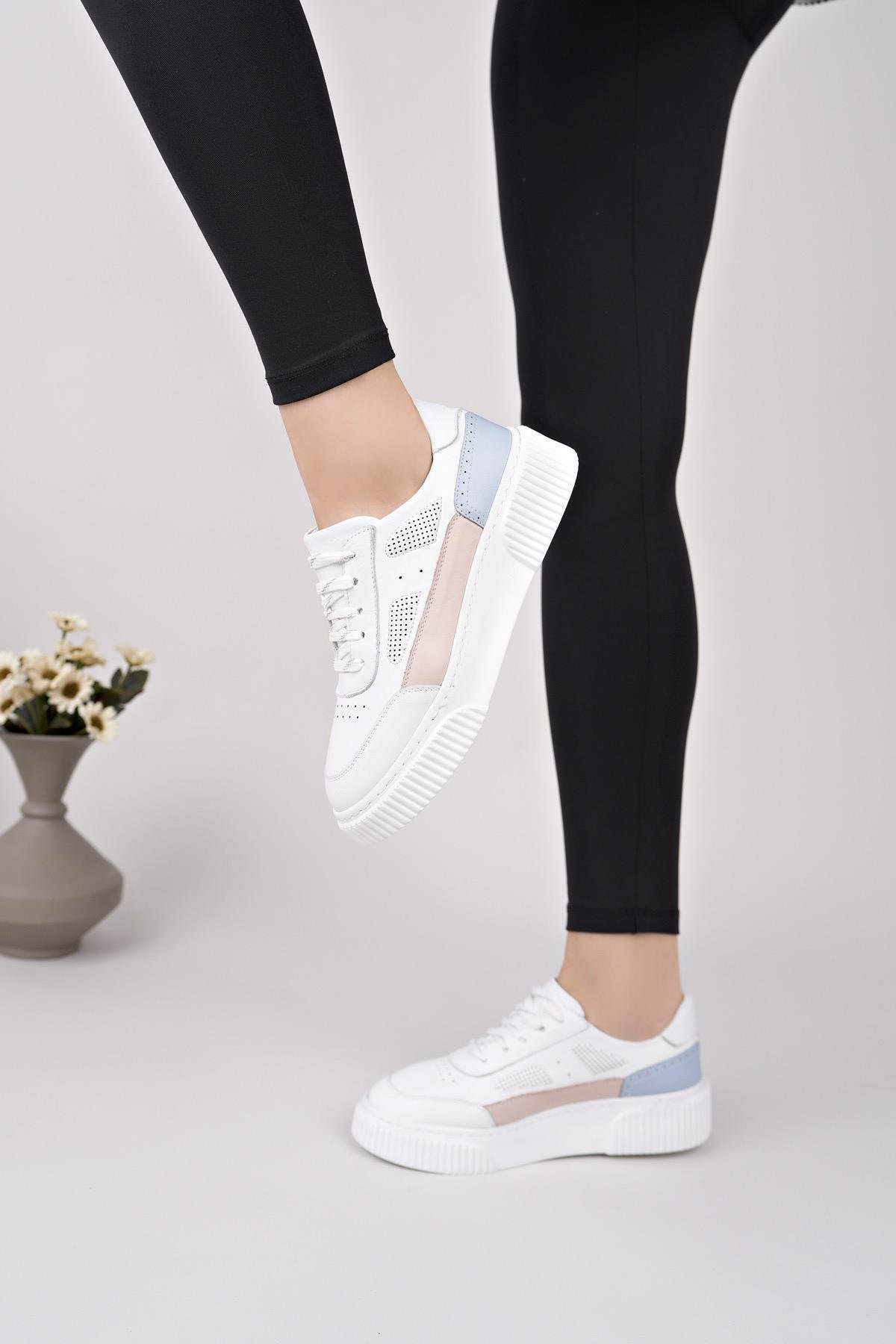 Nesil Shoes Comfo 100 Beyaz Pembe Hakiki Soft Deri Kadın Sneakers