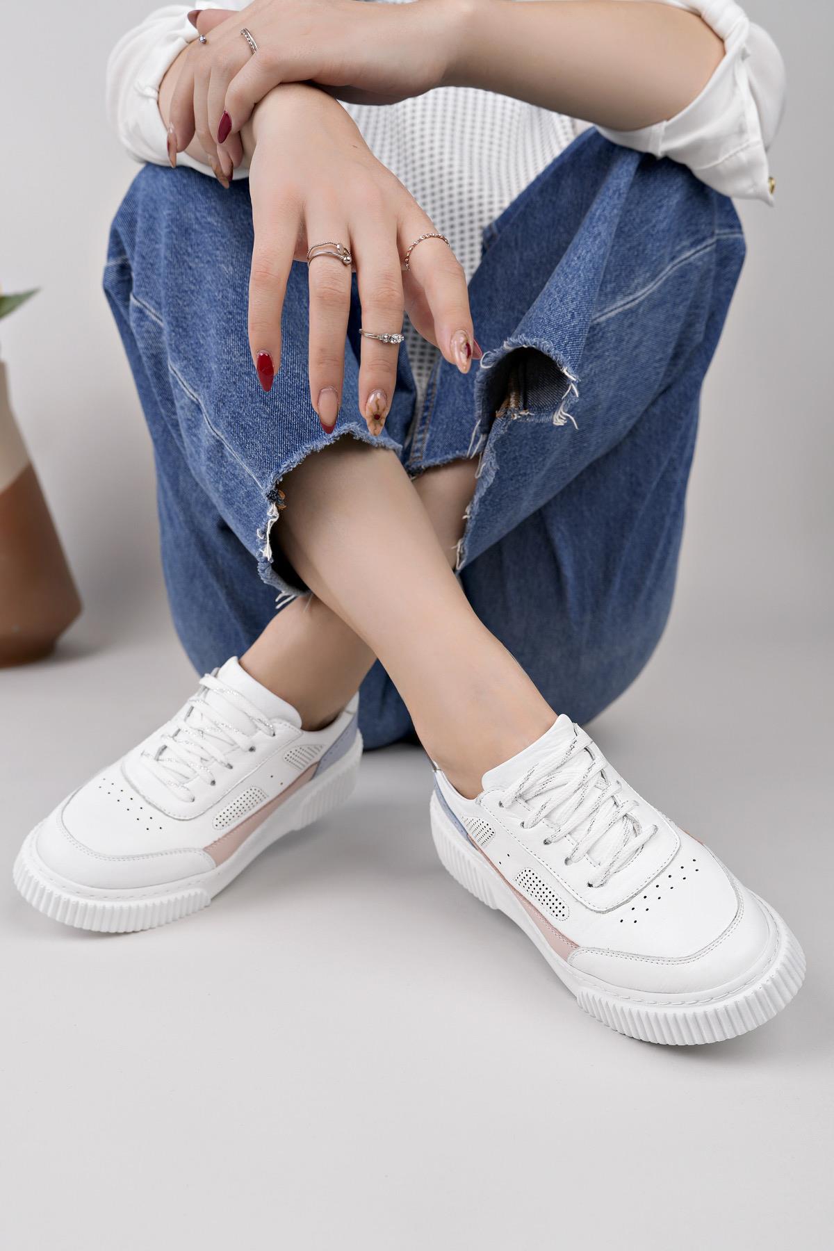 Nesil Shoes Comfo 100 Beyaz Pembe Hakiki Soft Deri Kadın Sneakers