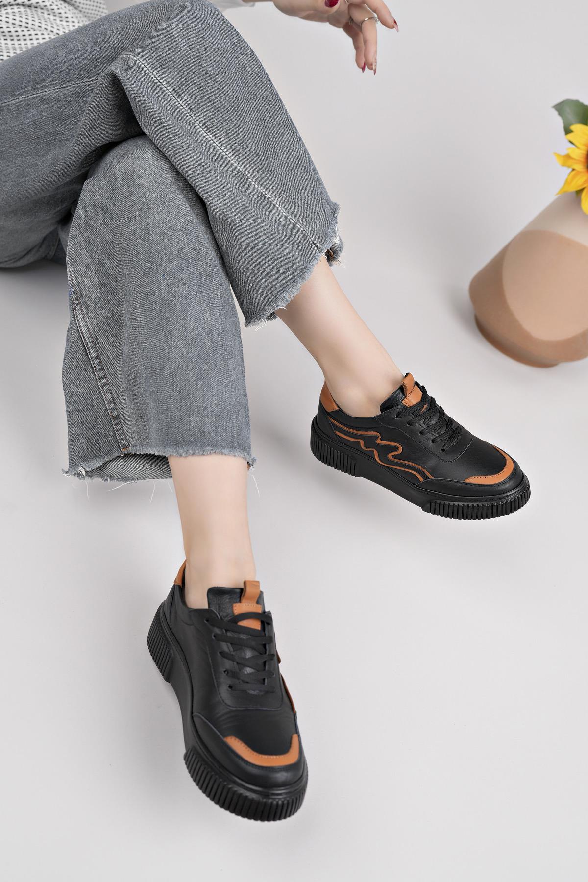 Nesil Shoes Comfo 101 Siyah Taba Hakiki Soft Deri Kadın Sneakers
