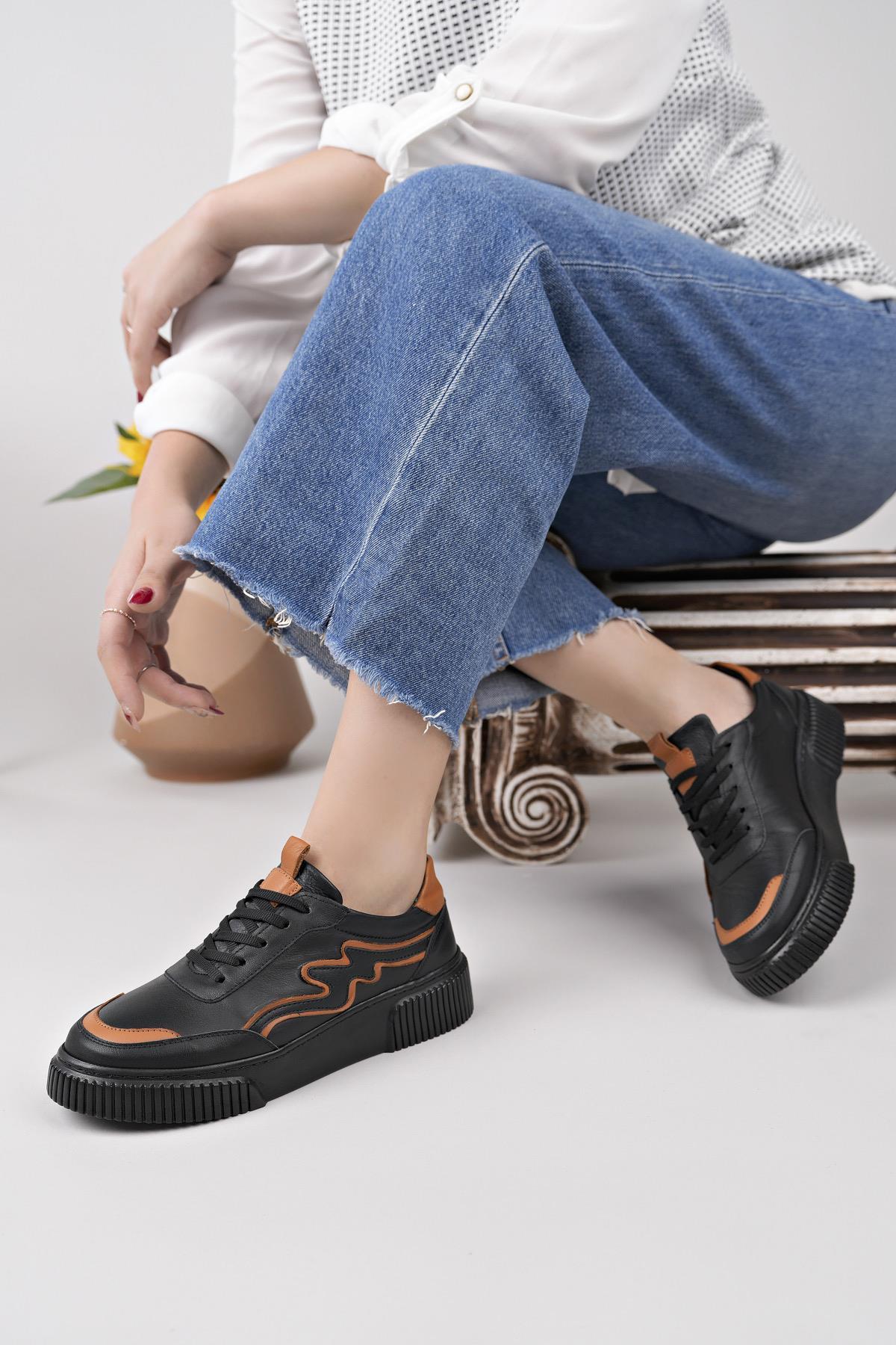 Nesil Shoes Comfo 101 Siyah Taba Hakiki Soft Deri Kadın Sneakers