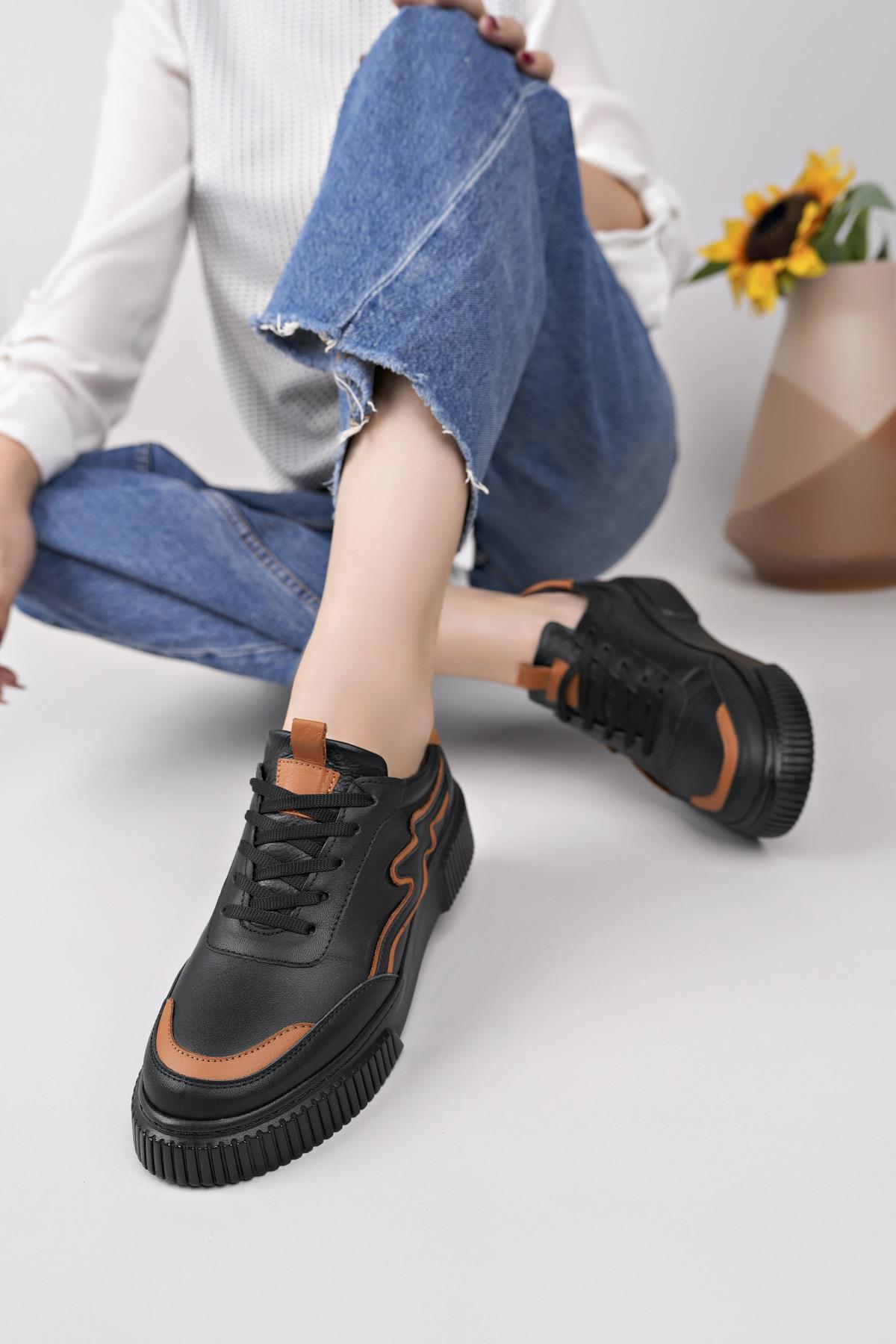 Nesil Shoes Comfo 101 Siyah Taba Hakiki Soft Deri Kadın Sneakers