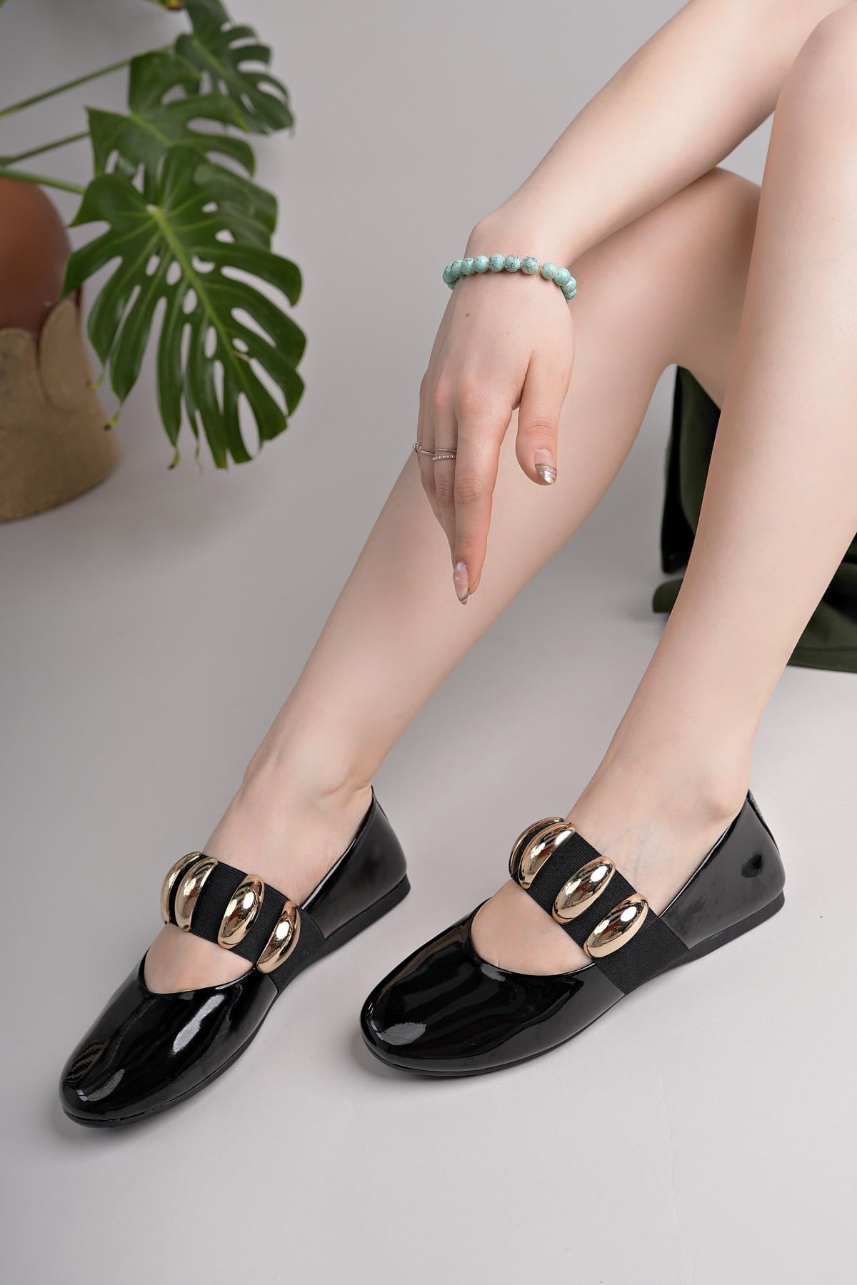 Nesil Shoes Dvm 021 Siyah Rugan Lastik Bantlı Kadın Babet