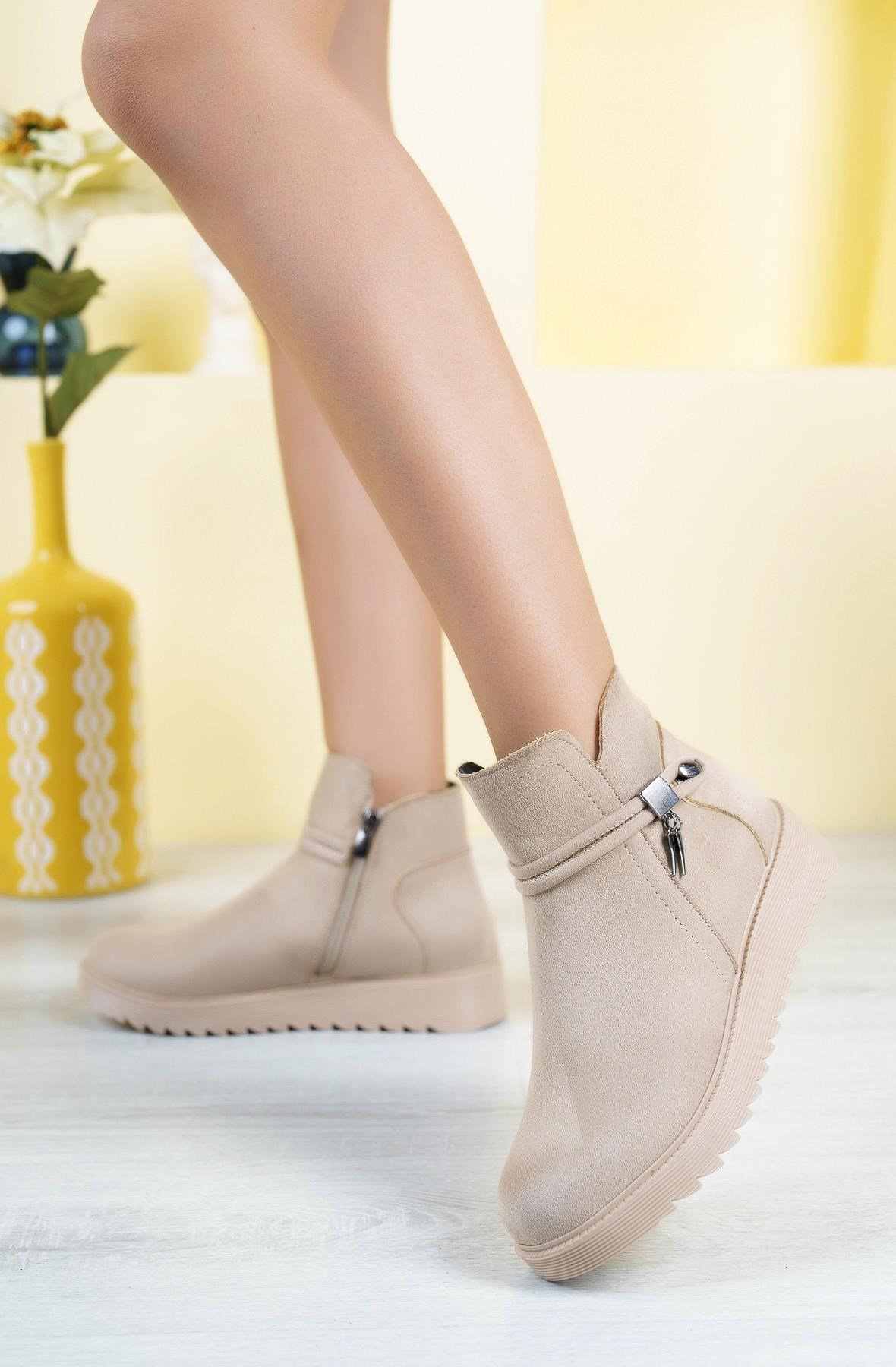 Nesil Shoes Dvm 1001 Bej Nubuk Kadın Fermuarlı Kışlık Bot