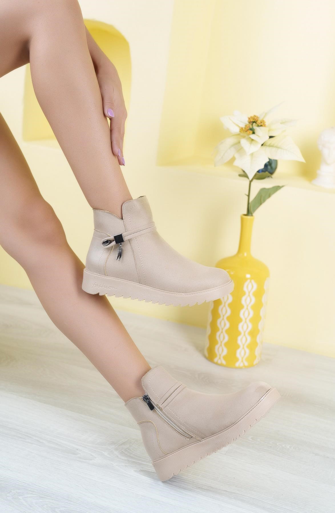 Nesil Shoes Dvm 1001 Bej Nubuk Kadın Fermuarlı Kışlık Bot