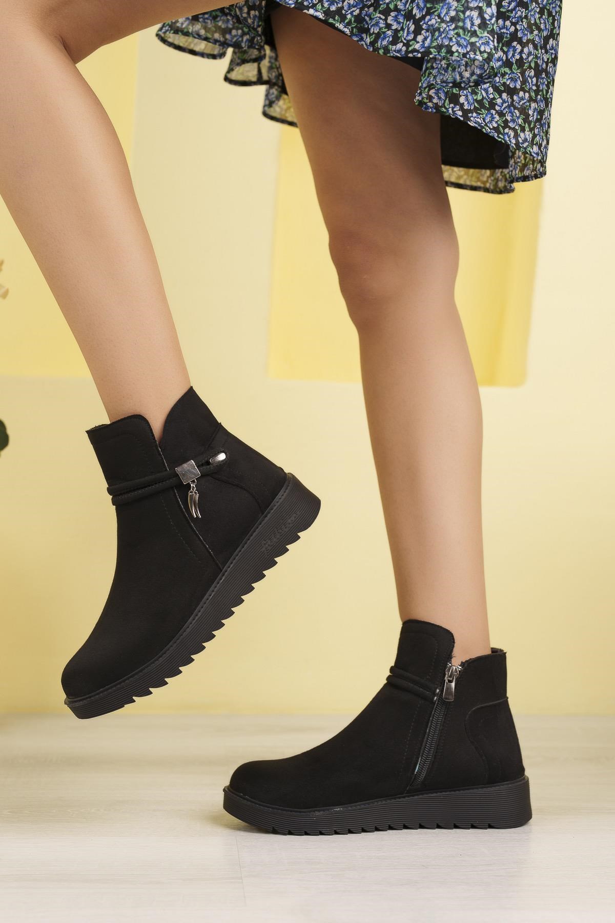 Nesil Shoes Dvm 1001 Siyah Süet Kadın Fermuarlı Kışlık Bot