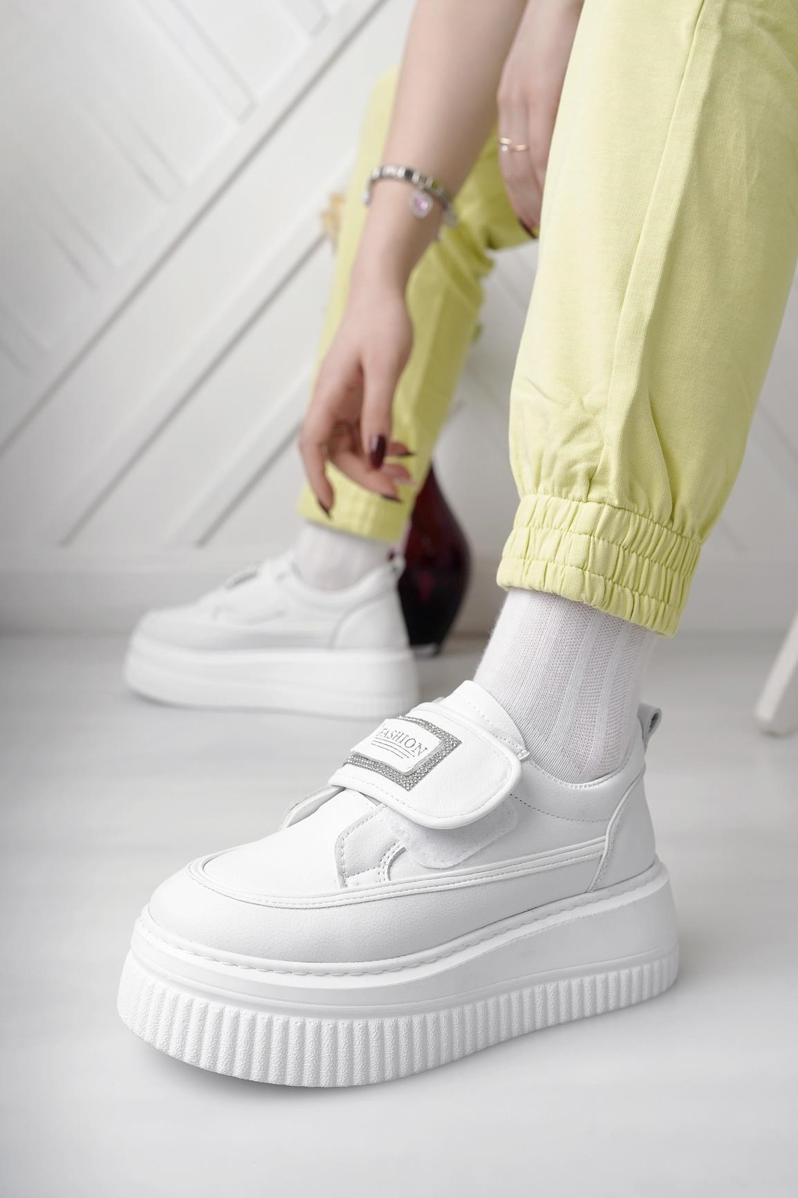 Nesil Shoes Dvm 1111 Beyaz Cırtlı Kalın Taban Kadın Sneakers