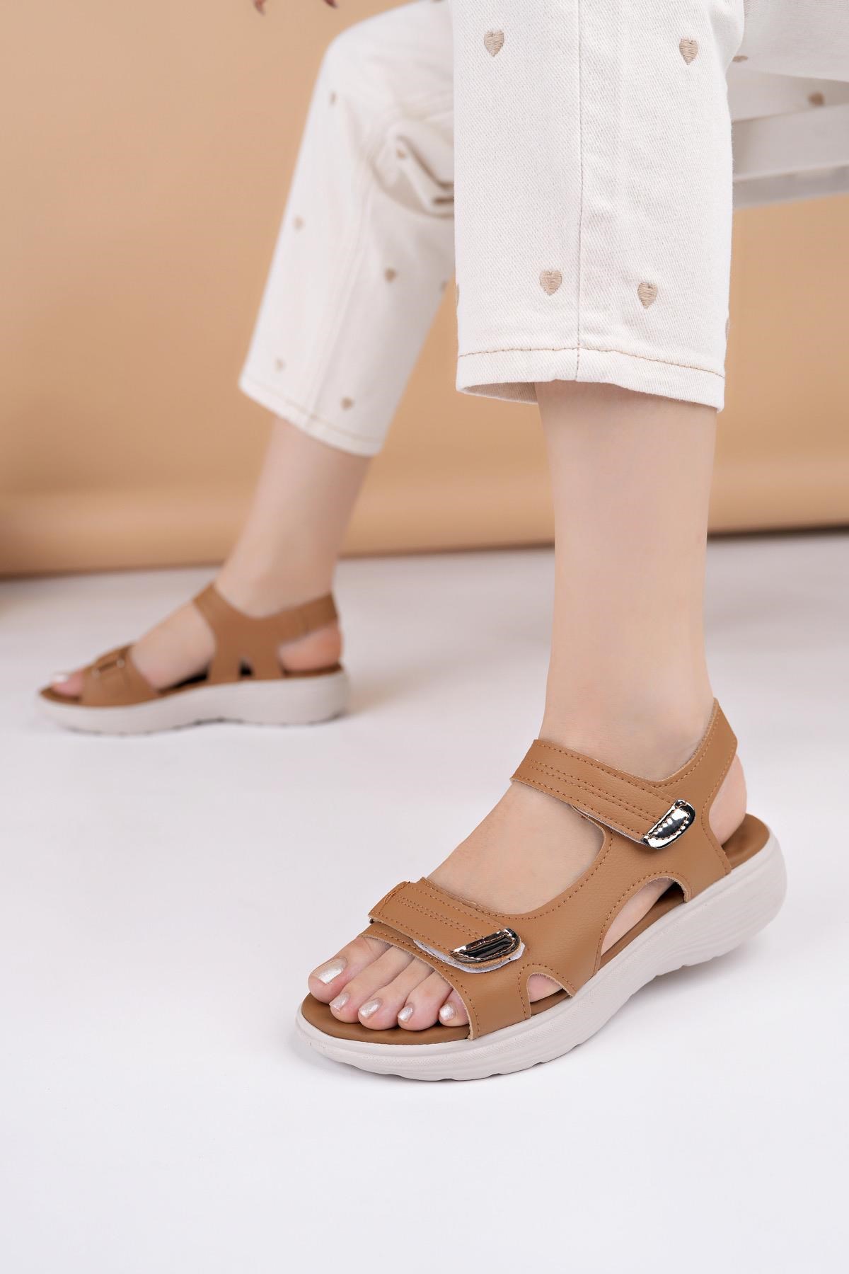 Nesil Shoes Dvm 363 Taba Cırtlı Anatomik Kadın Sandalet