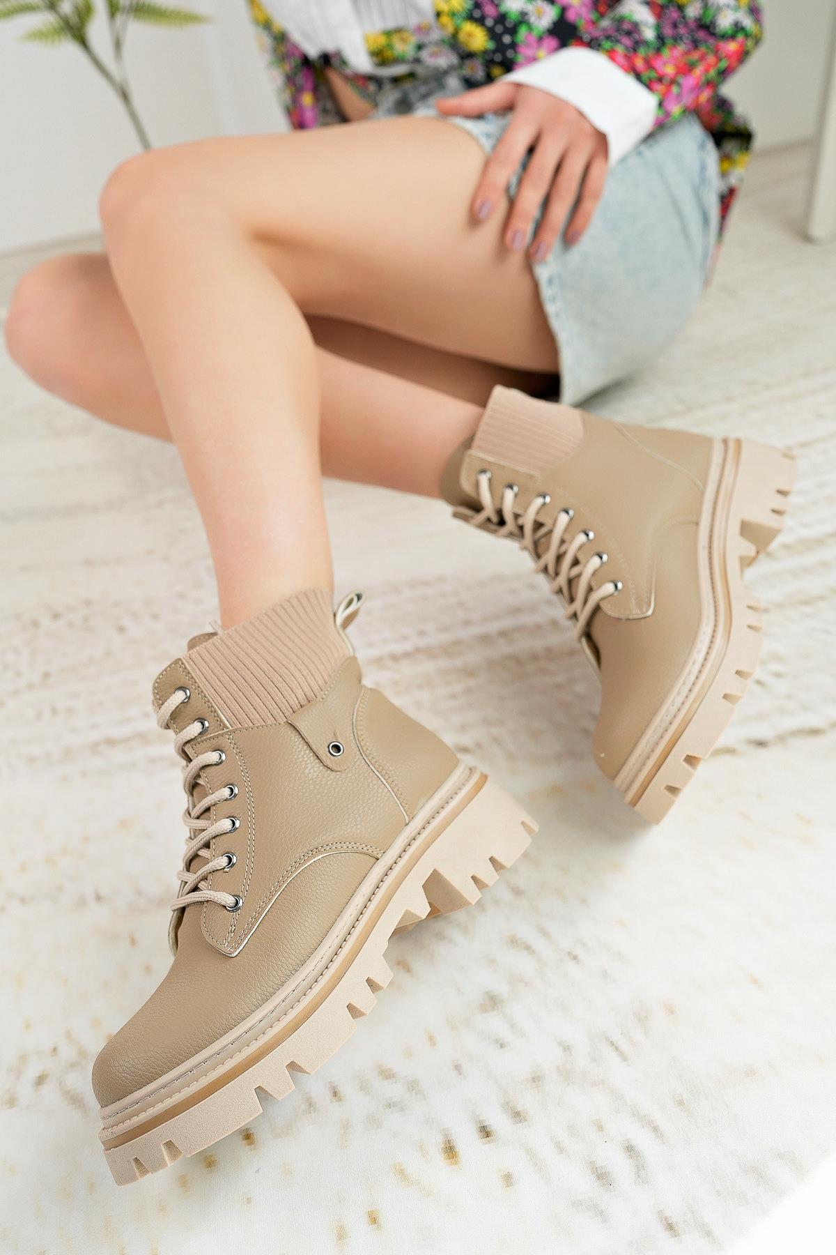 Nesil Shoes Dvm 5003 Vizon Bağcıklı Kadın Bot