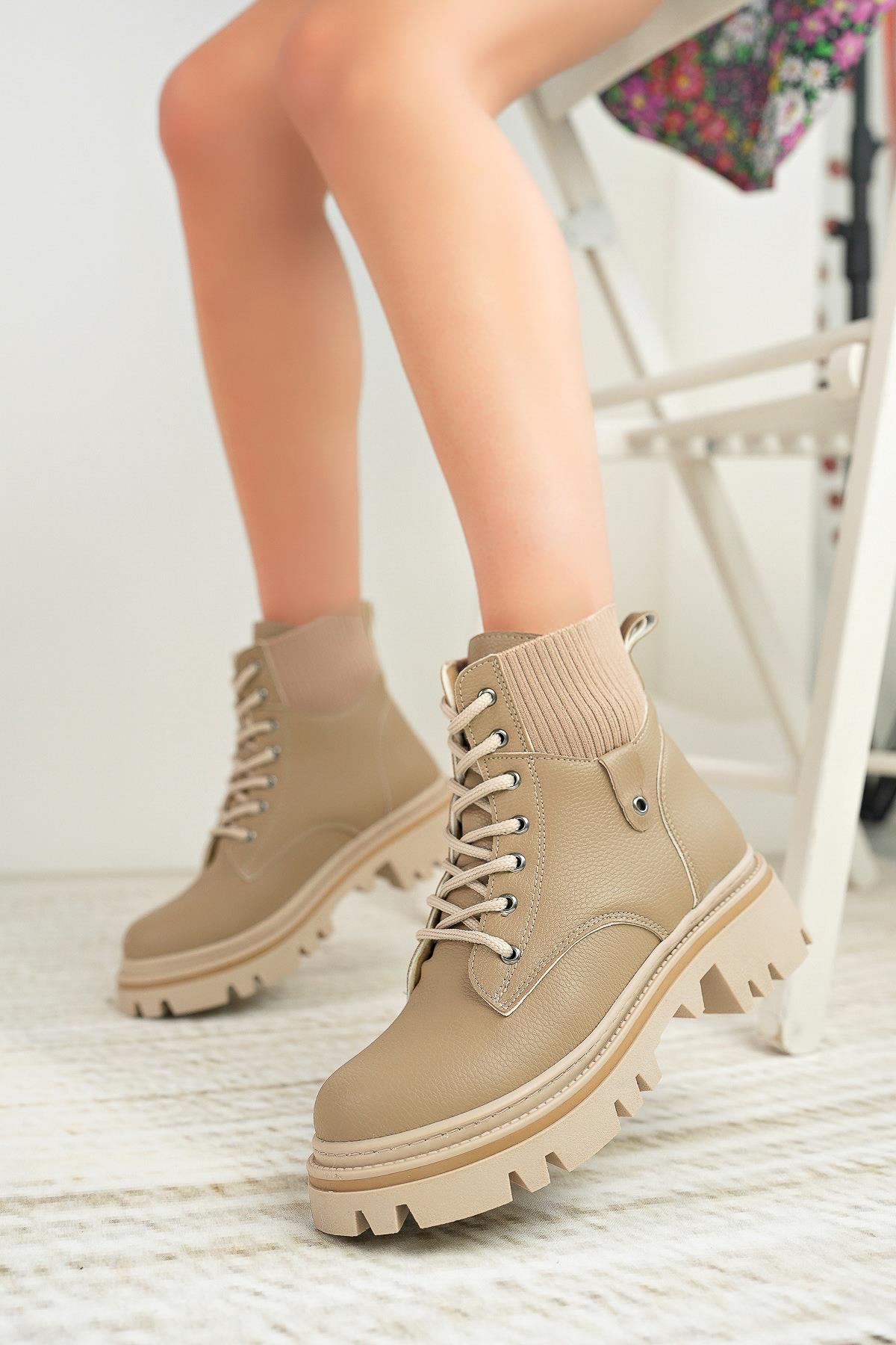 Nesil Shoes Dvm 5003 Vizon Bağcıklı Kadın Bot