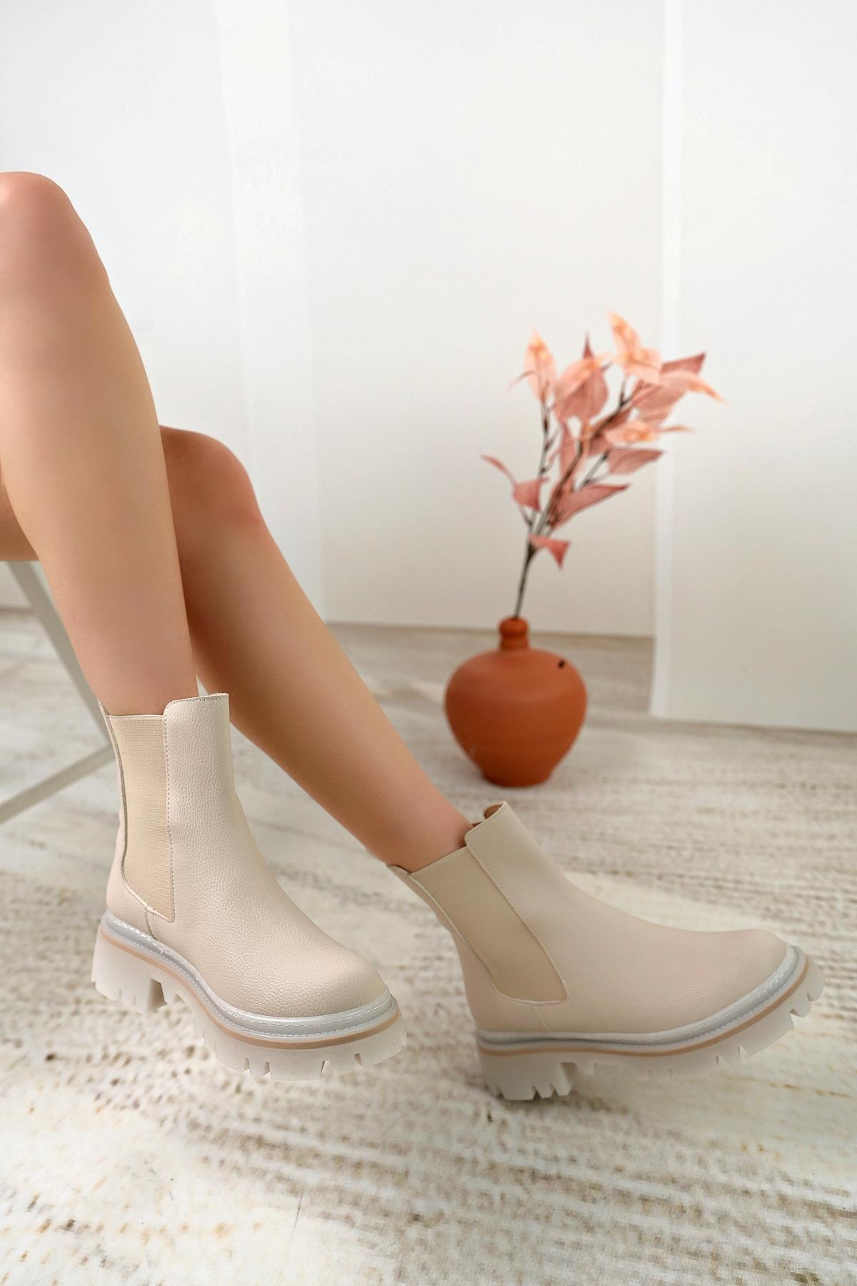 Nesil Shoes Dvm 5004 Bej Çift Lastikli Kadın Bot