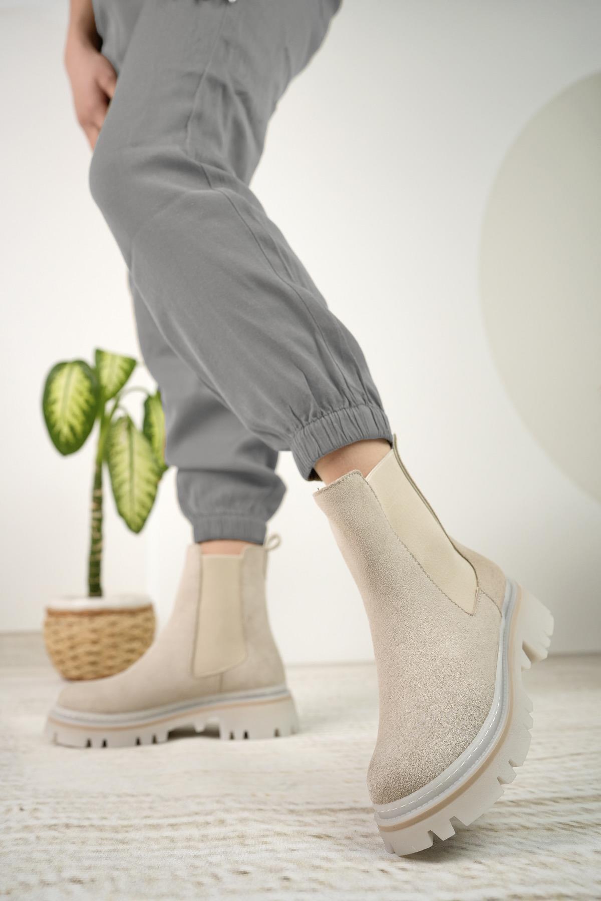 Nesil Shoes Dvm 5004 Bej Süet Çift Lastikli Kadın Bot