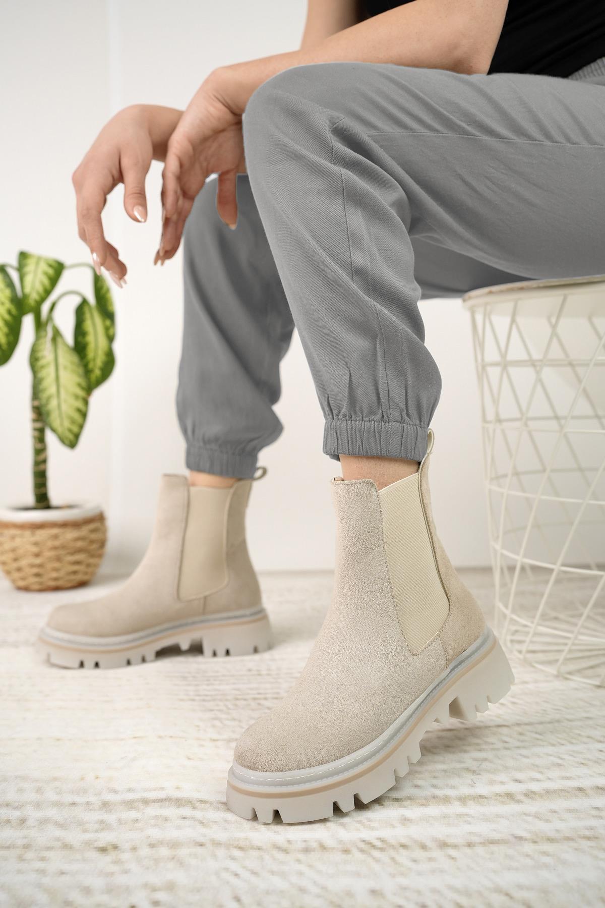 Nesil Shoes Dvm 5004 Bej Süet Çift Lastikli Kadın Bot