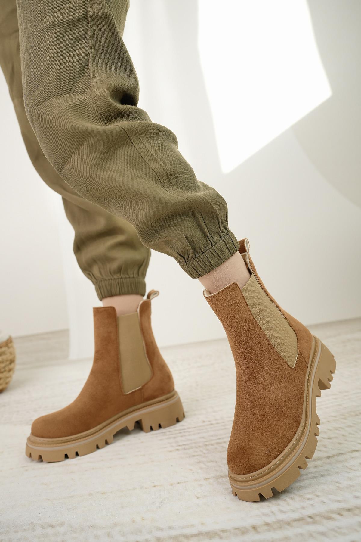 Nesil Shoes Dvm 5004 Taba Süet Çift Lastikli Kadın Bot