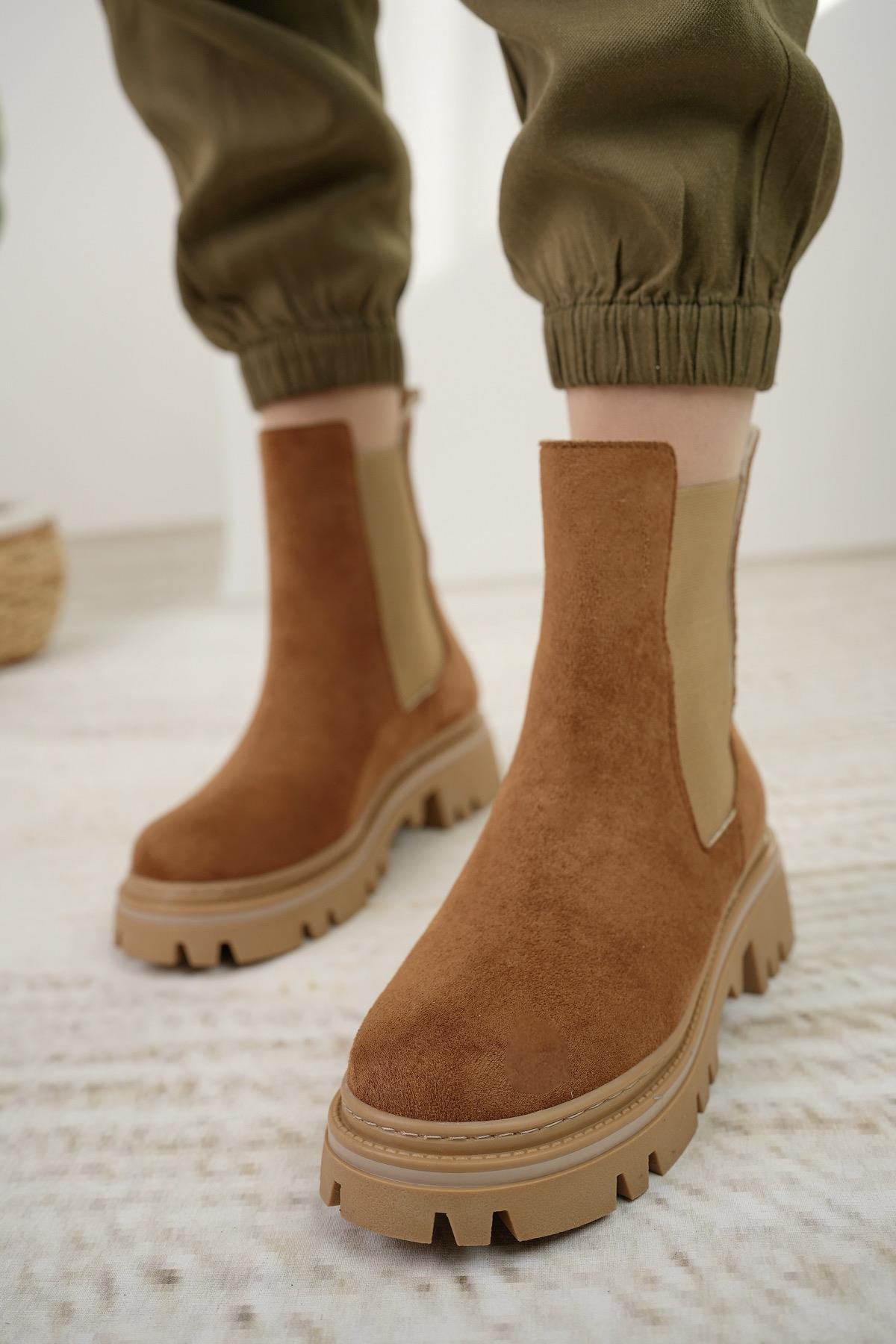 Nesil Shoes Dvm 5004 Taba Süet Çift Lastikli Kadın Bot