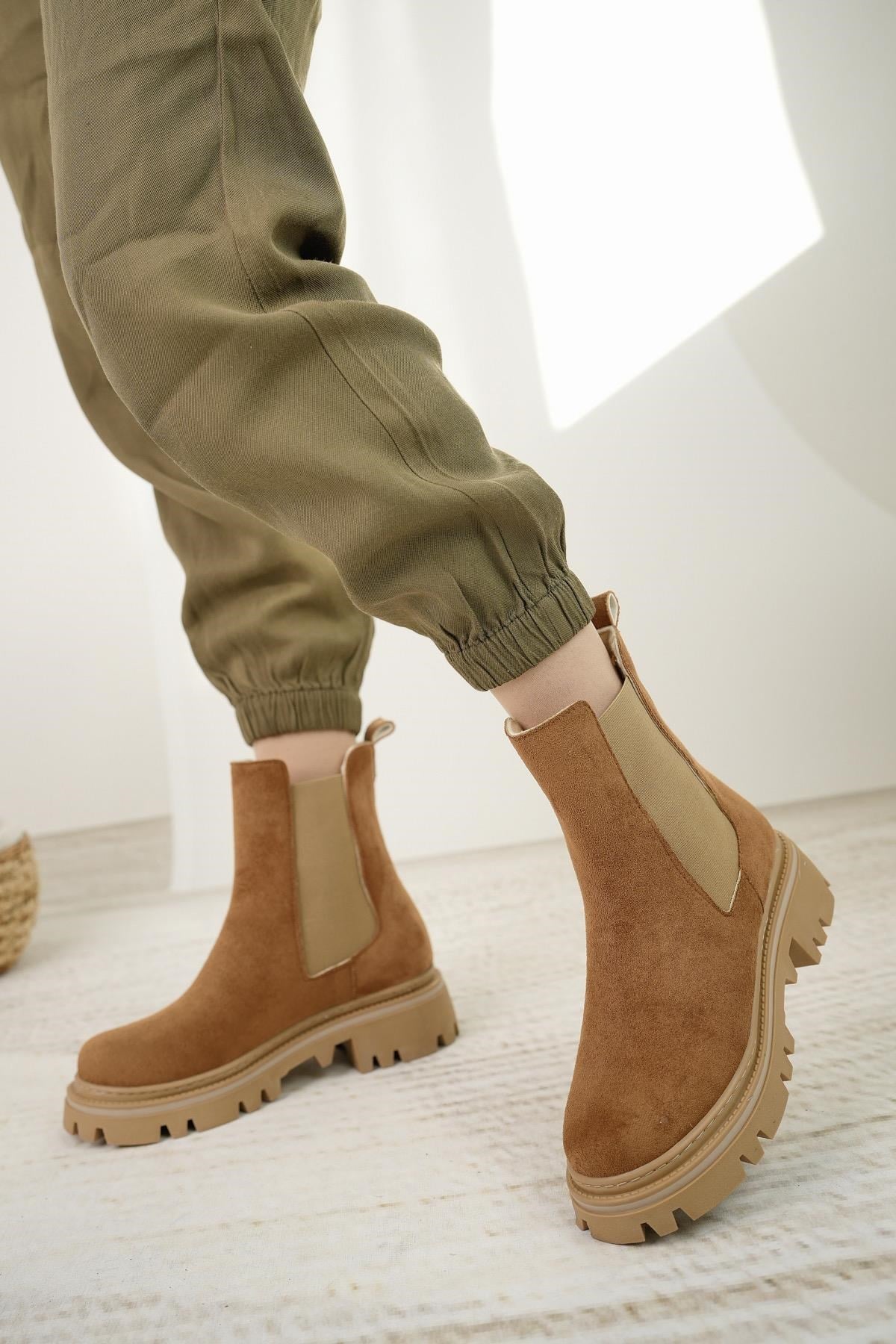Nesil Shoes Dvm 5004 Taba Süet Çift Lastikli Kadın Bot