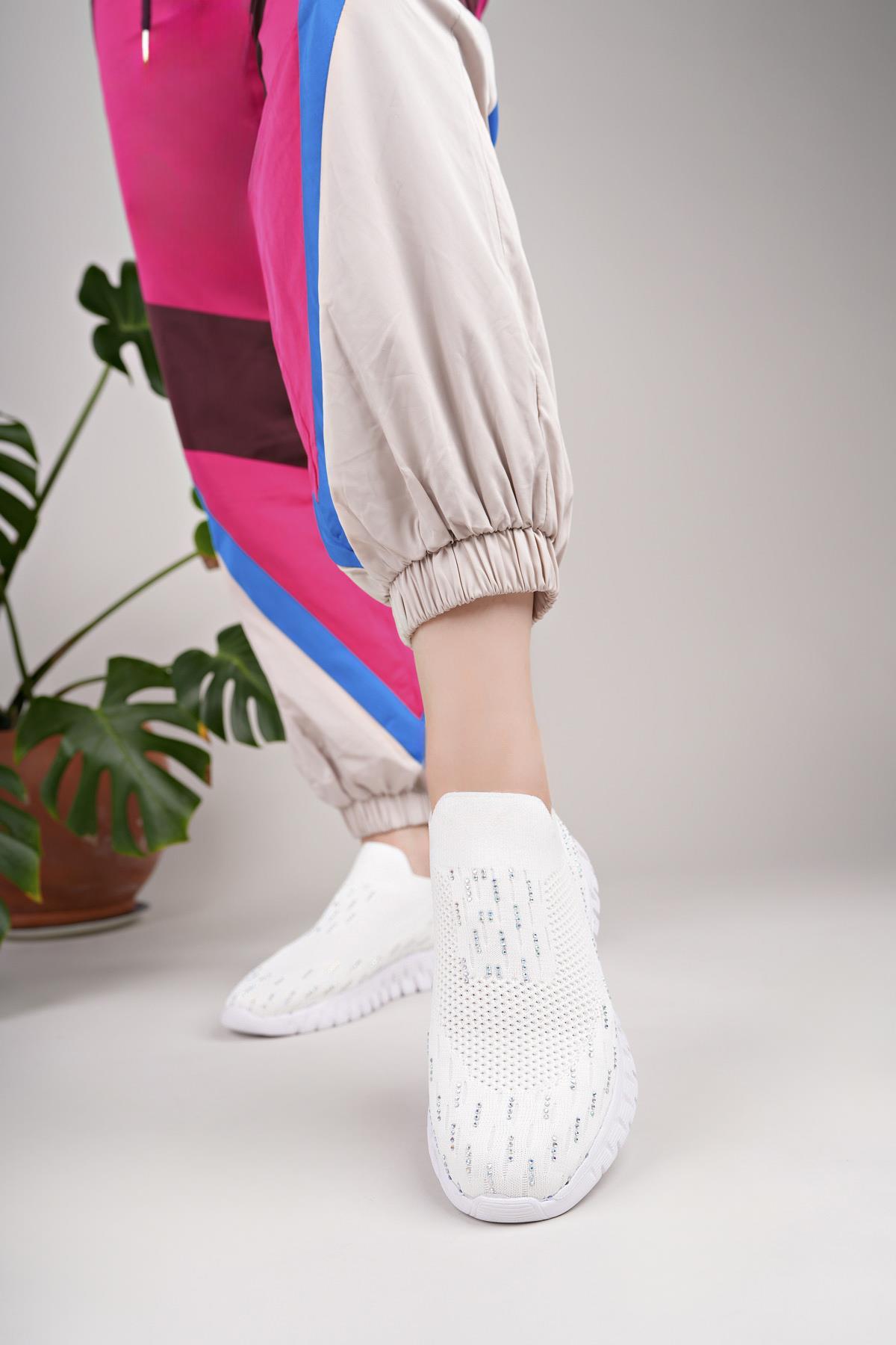 Nesil Shoes Dvm 502 Beyaz Triko Örgü Taşlı Kadın Sneakers