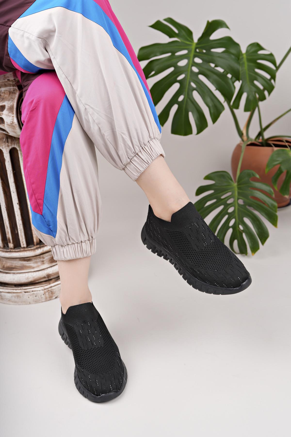 Nesil Shoes Dvm 502 Siyah Triko Örgü Taşlı Kadın Sneakers