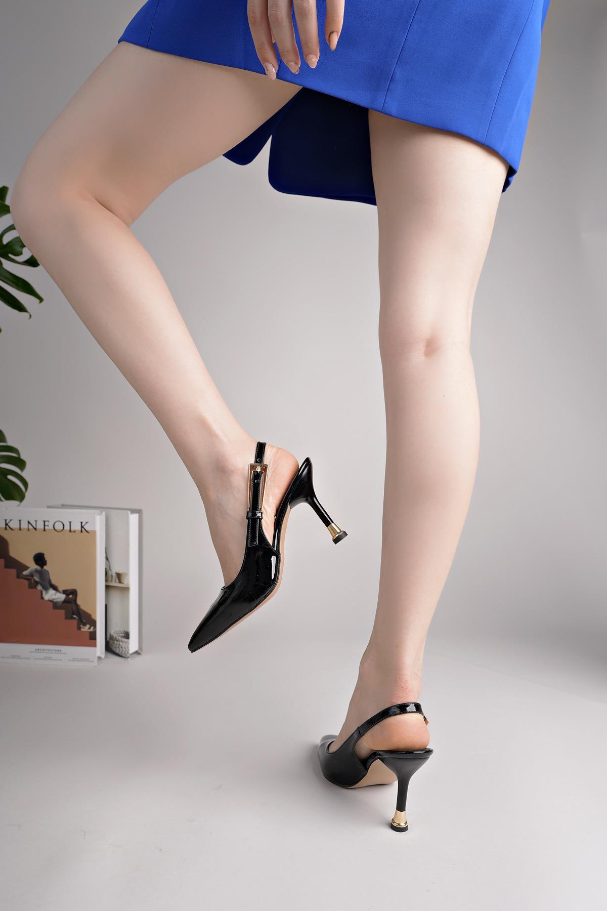 Nesil Shoes Elva 140 Siyah Rugan Topuklu Yazlık Kadın Stiletto