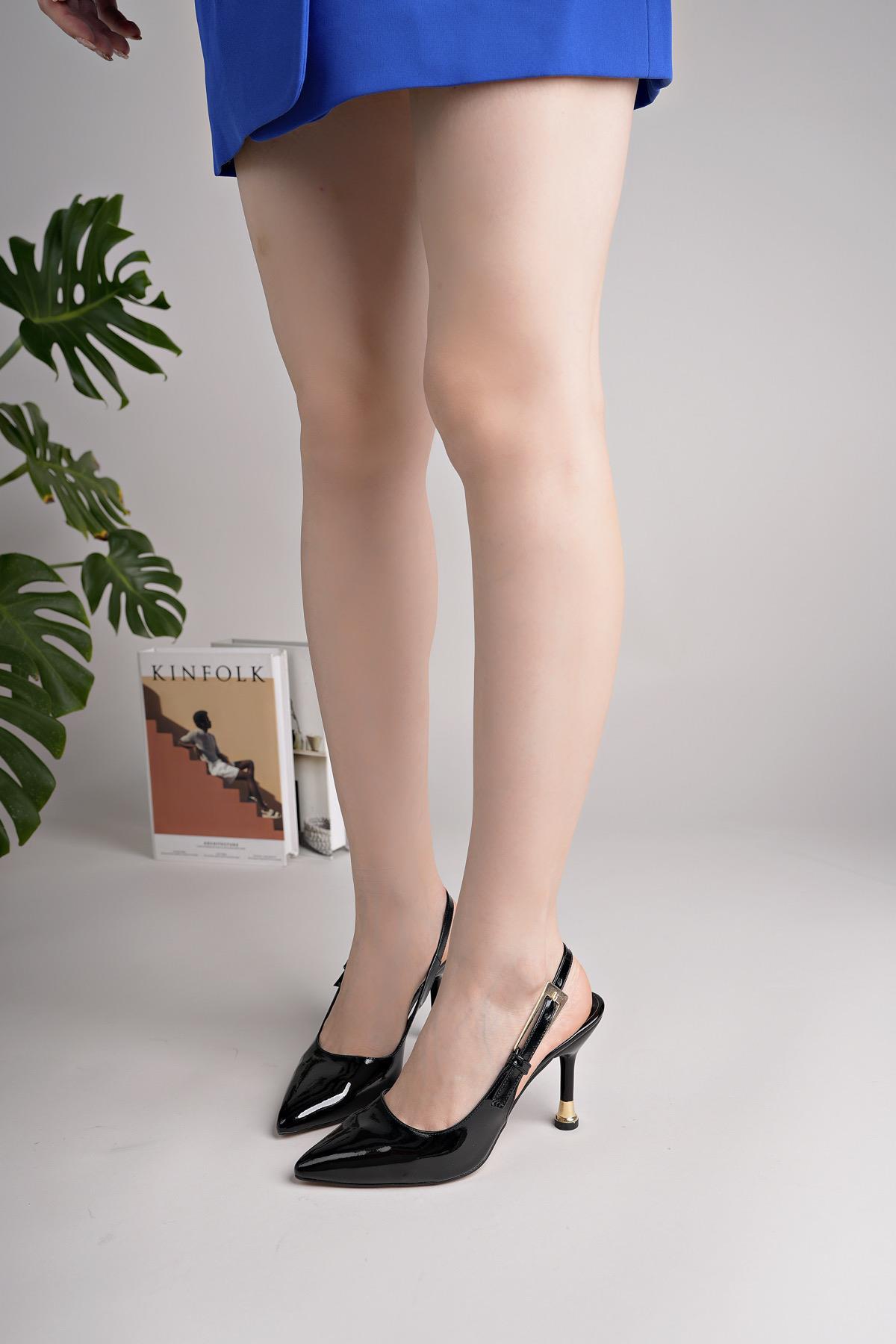 Nesil Shoes Elva 140 Siyah Rugan Topuklu Yazlık Kadın Stiletto