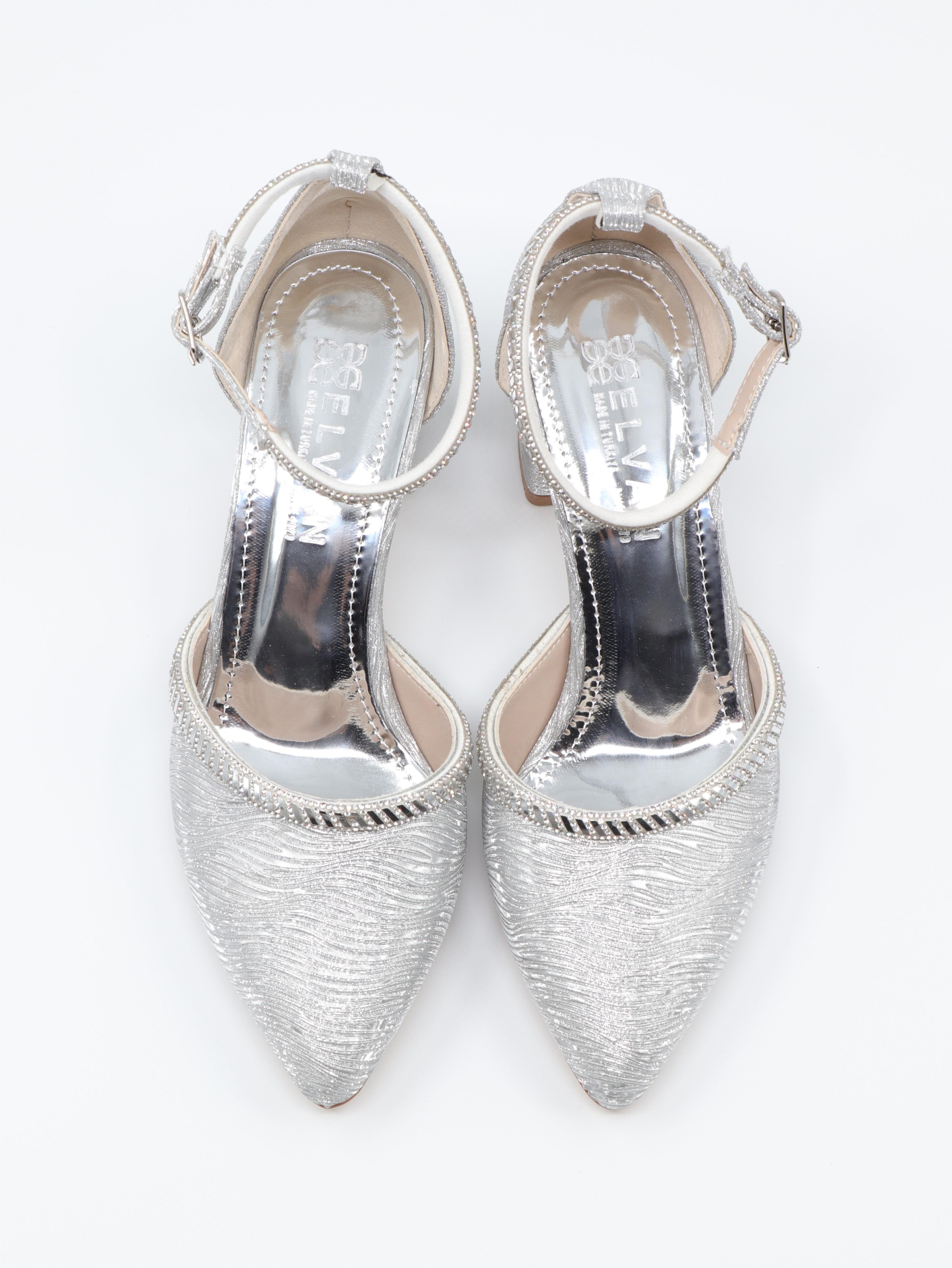 Nesil Shoes Elva 45029 Gümüş Simli Topuklu Kadın Ayakkabı