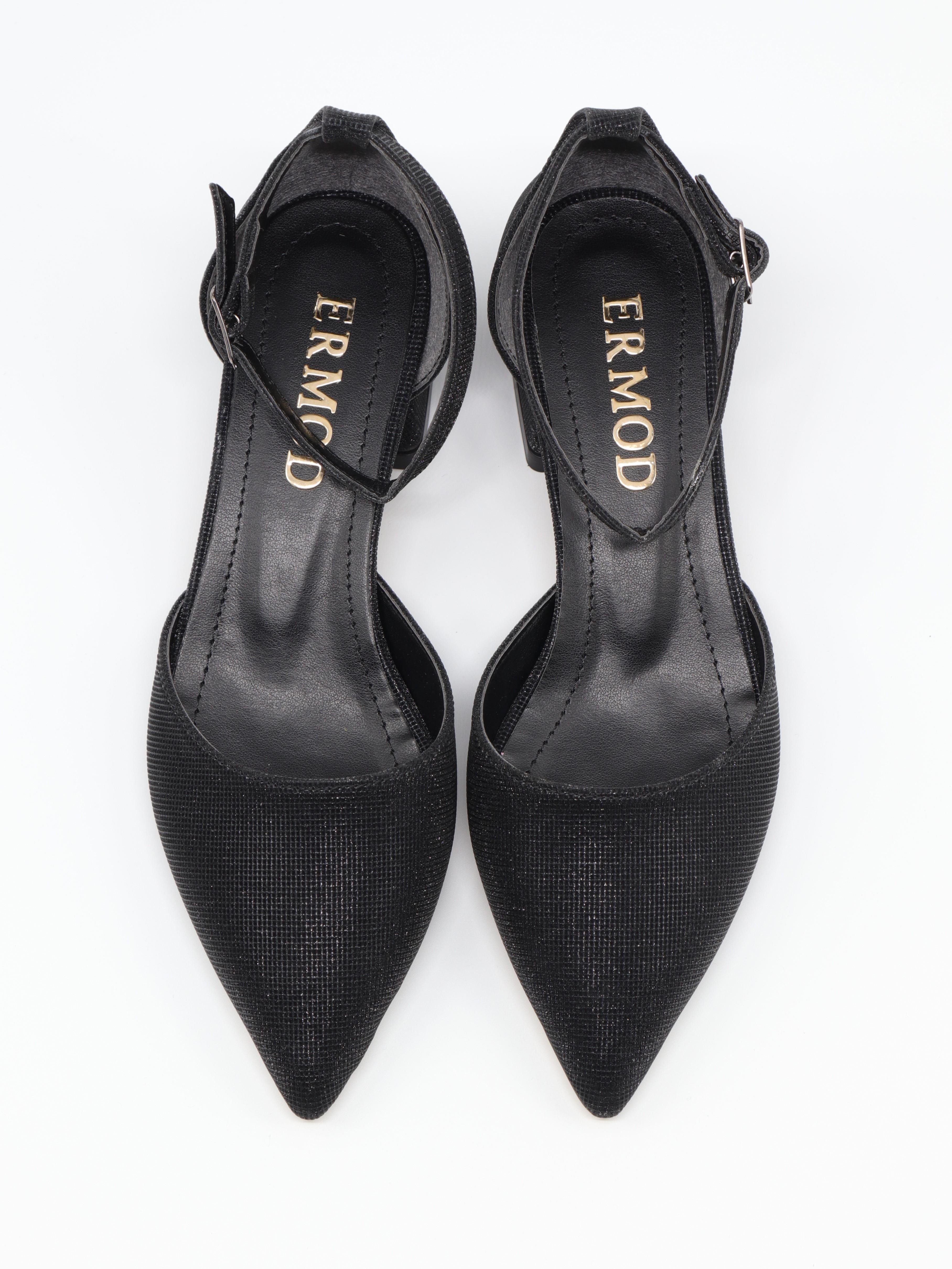 Nesil Shoes Ermod 301 Siyah Simli Topuklu Kadın Ayakkabı