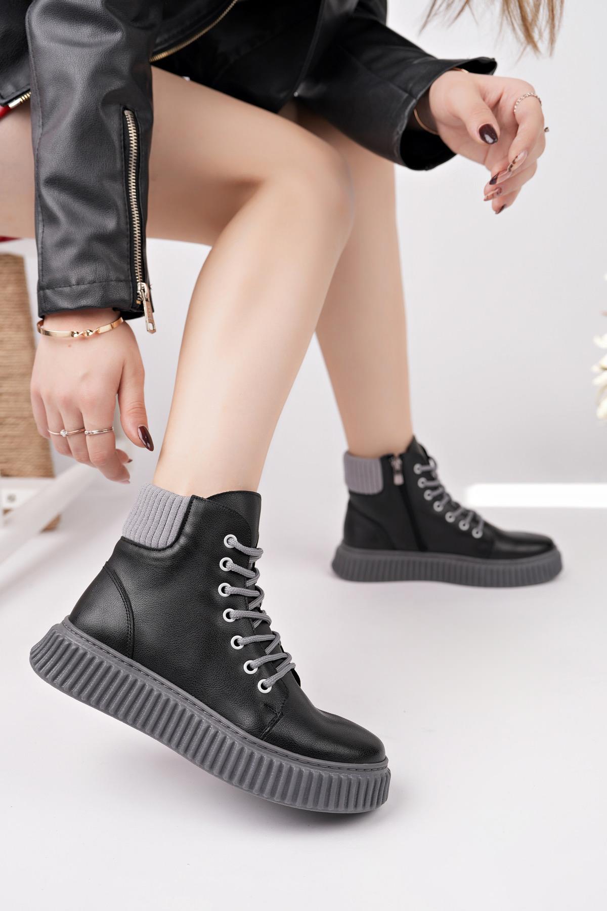 Nesil Shoes Ermod 401 Siyah Gri  Kadın Postal Bot