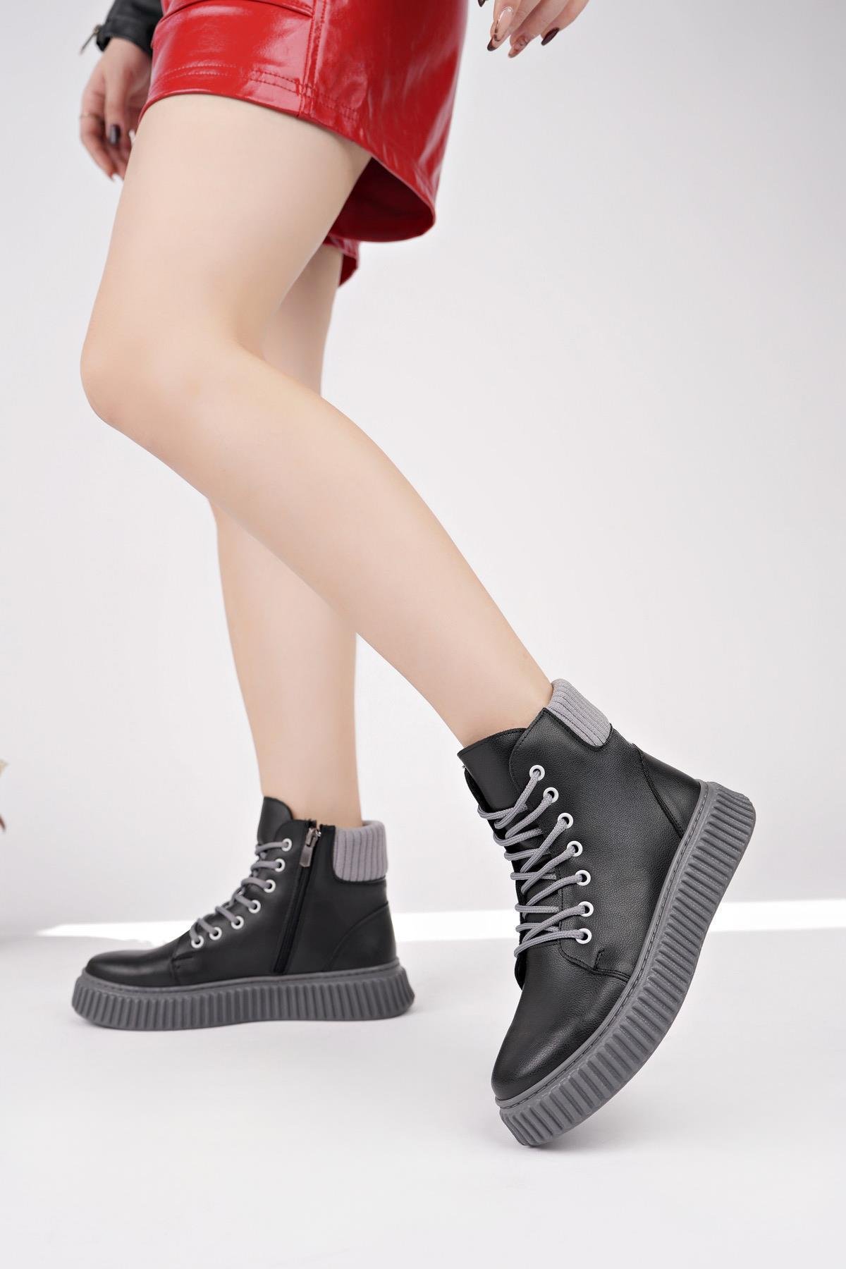 Nesil Shoes Ermod 401 Siyah Gri  Kadın Postal Bot