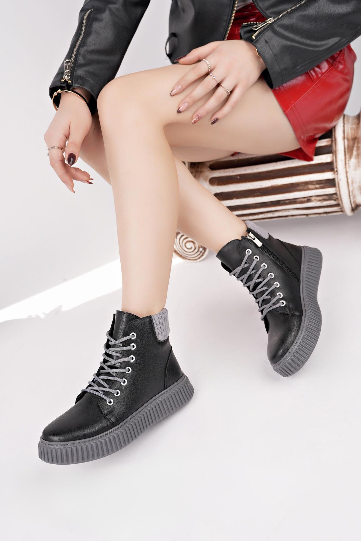 Nesil Shoes Ermod 401 Siyah Gri  Kadın Postal Bot