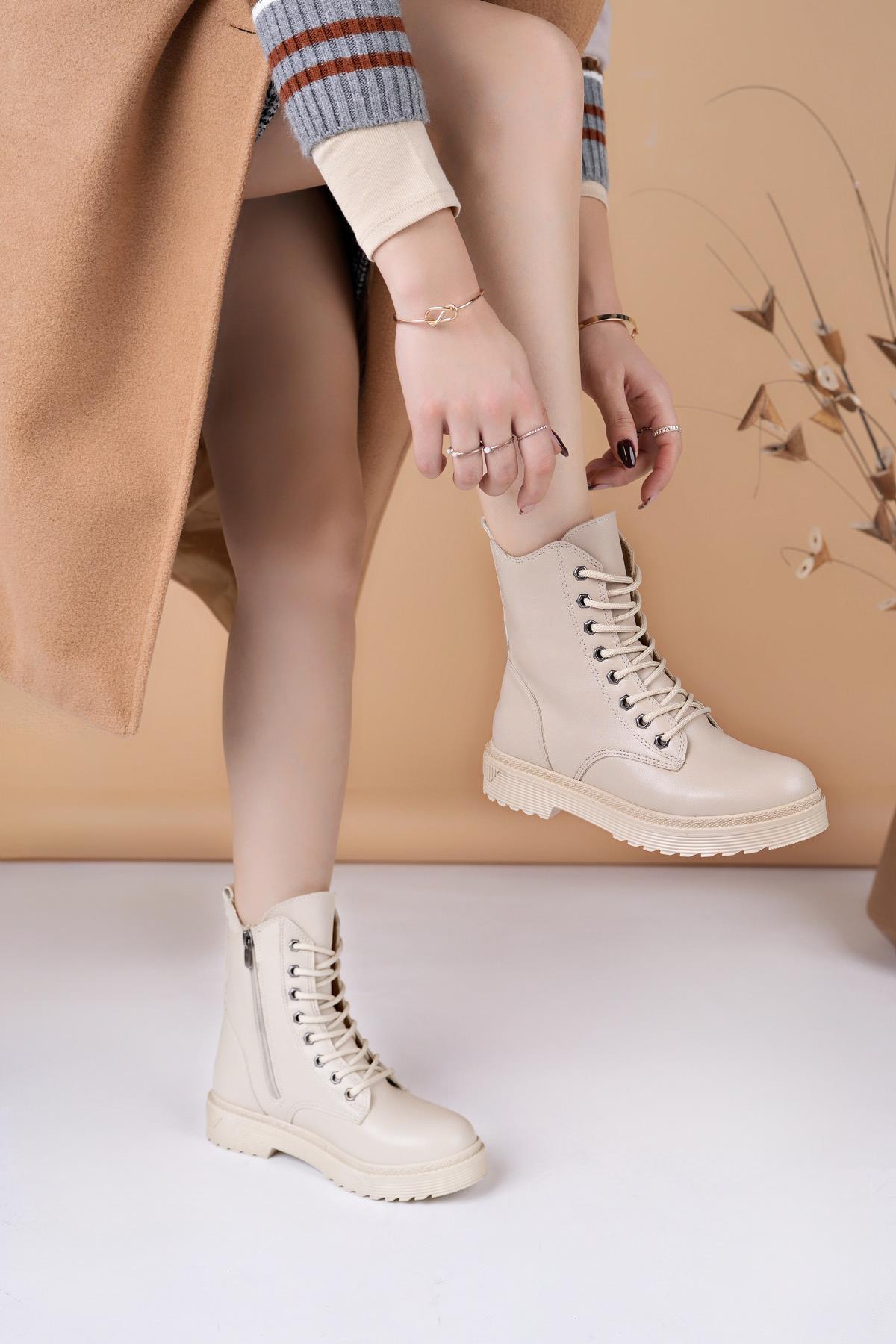 Nesil Shoes Ermod 615 Bej Tabanı Dikişli Kadın Postal Bot