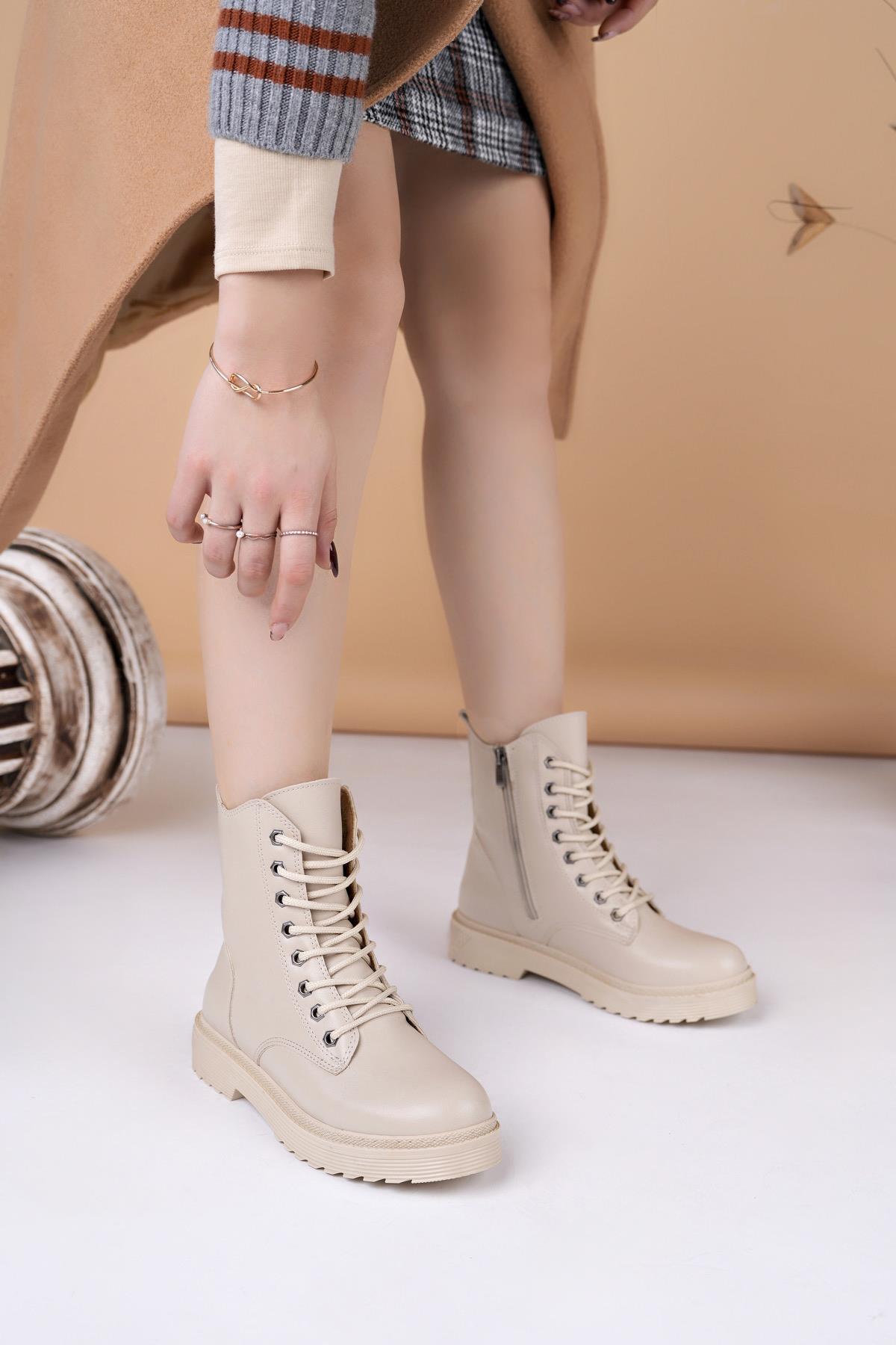 Nesil Shoes Ermod 615 Bej Tabanı Dikişli Kadın Postal Bot