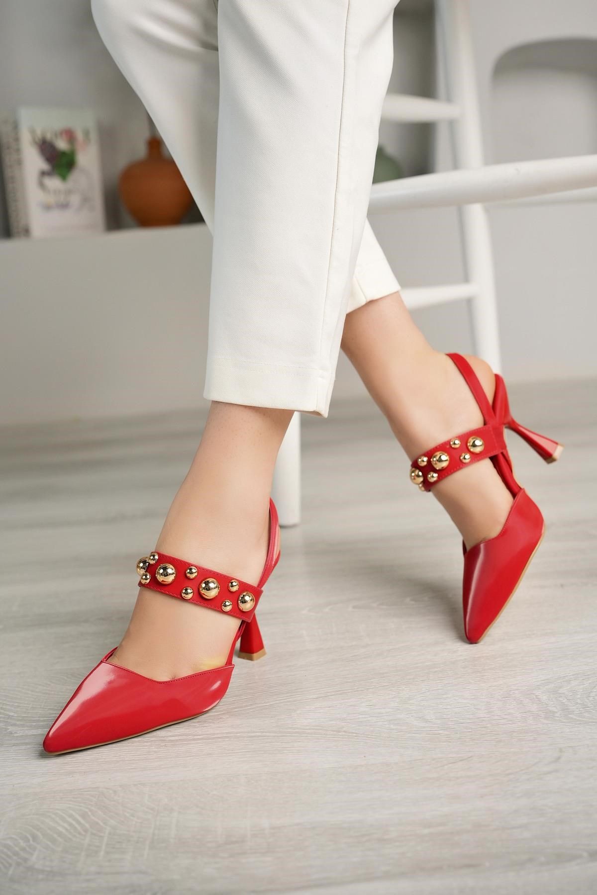 Nesil Shoes Fls 660 Kırmızı Saten  9cm Topuklu Kadın Sandalet