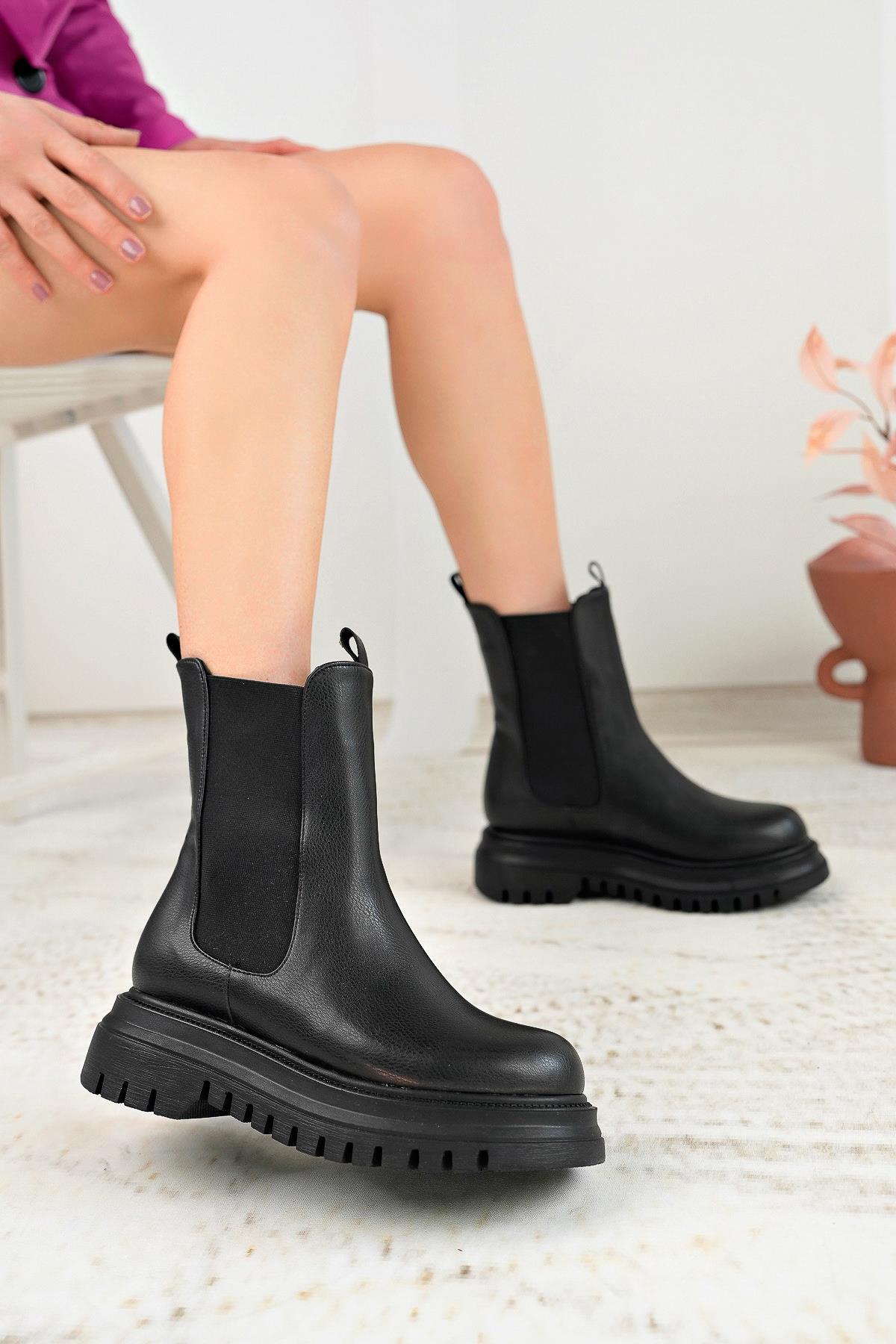 Nesil Shoes Fncy 10 Siyah Çift Lastikli Kadın Bot