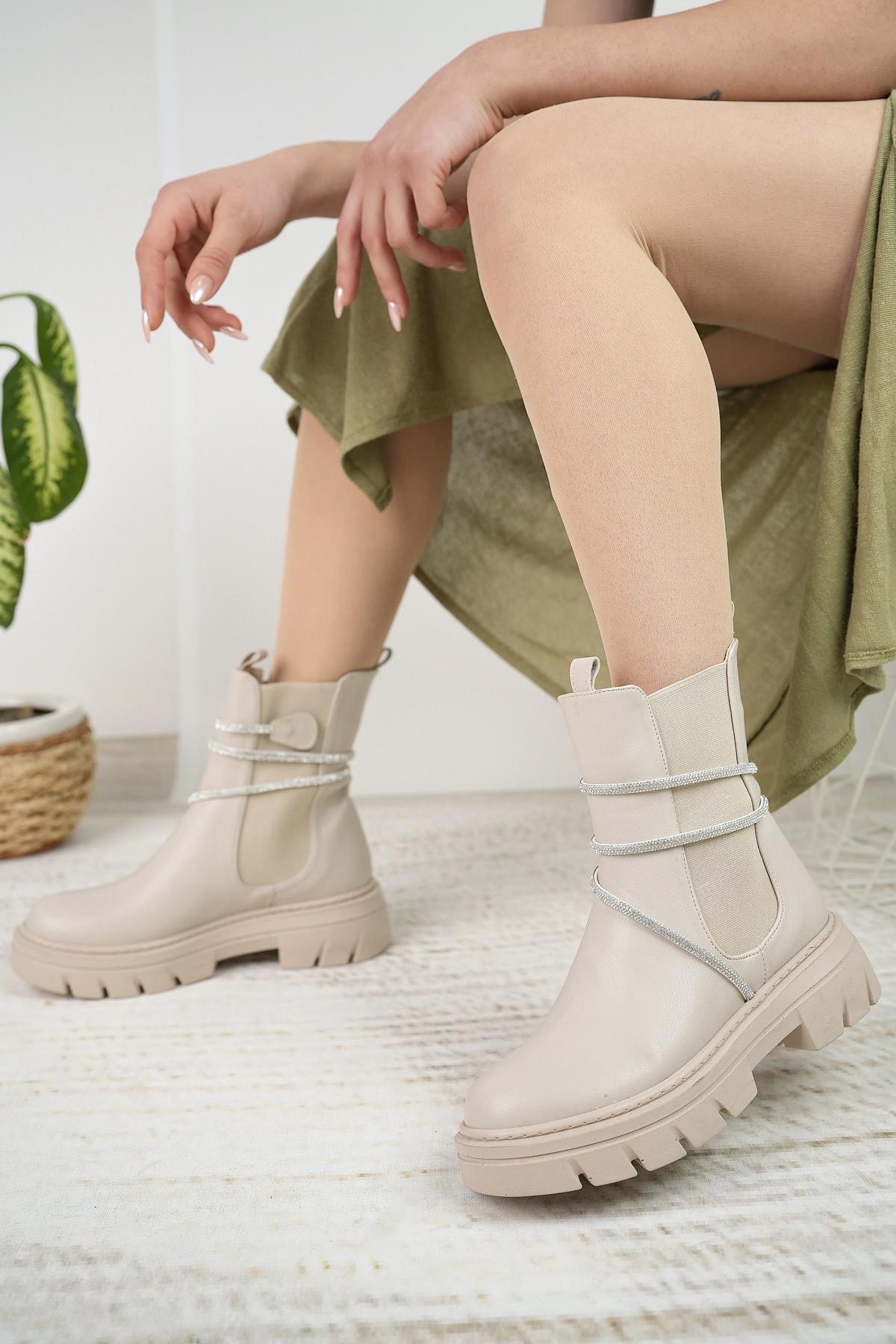 Nesil Shoes Fncy 205 Bej Çift Lastikli Kadın Bot