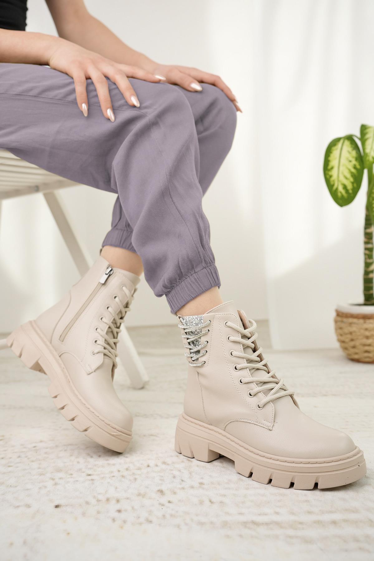 Nesil Shoes Fncy 206 Bej Fermuarlı Kadın Bot