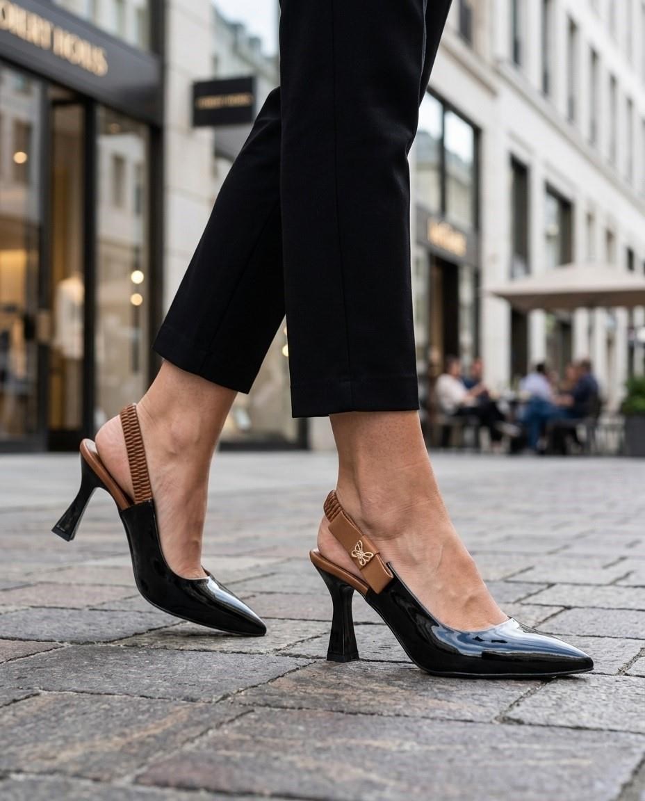 Nesil Shoes Gabbel 205 Siyah Rugan Topuklu Kadın Sandalet