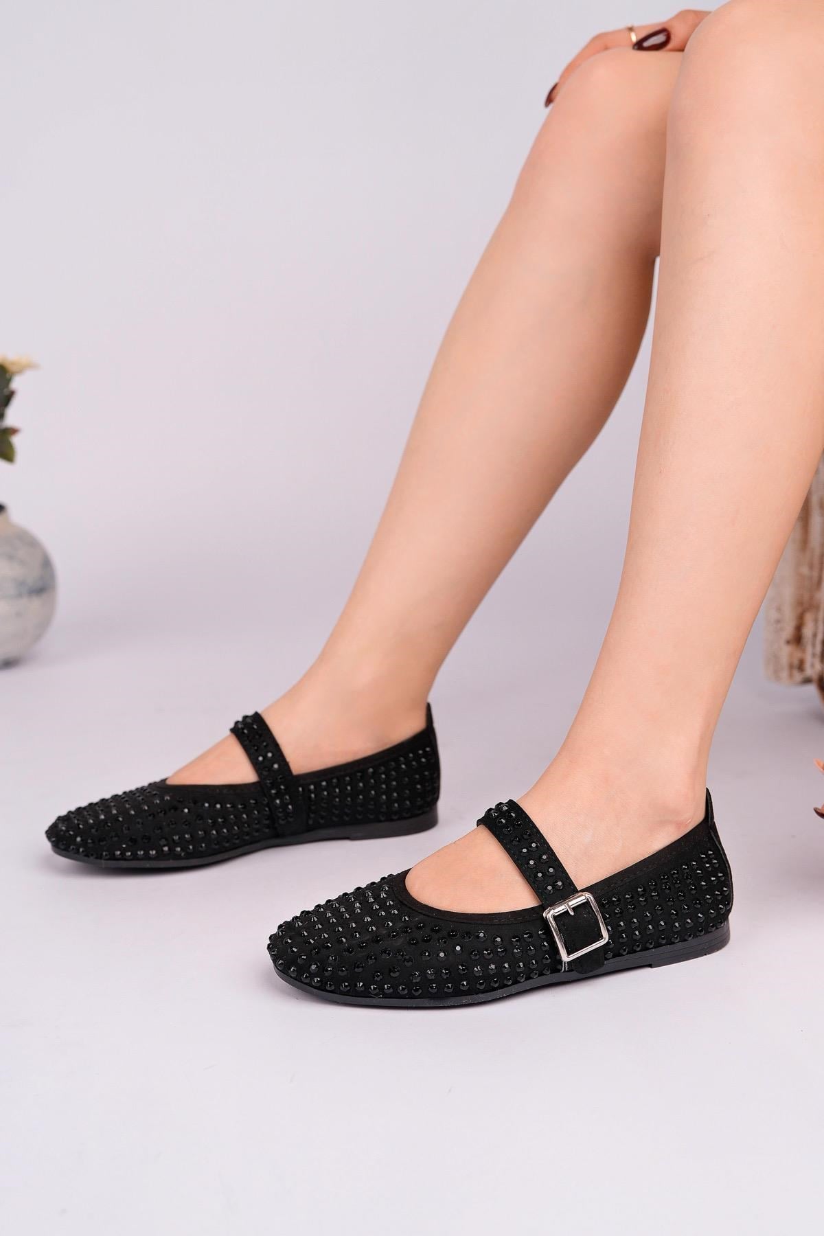 Nesil Shoes Gabbel 305 Siyah Süet Siyah Taşlı Kadın Babet