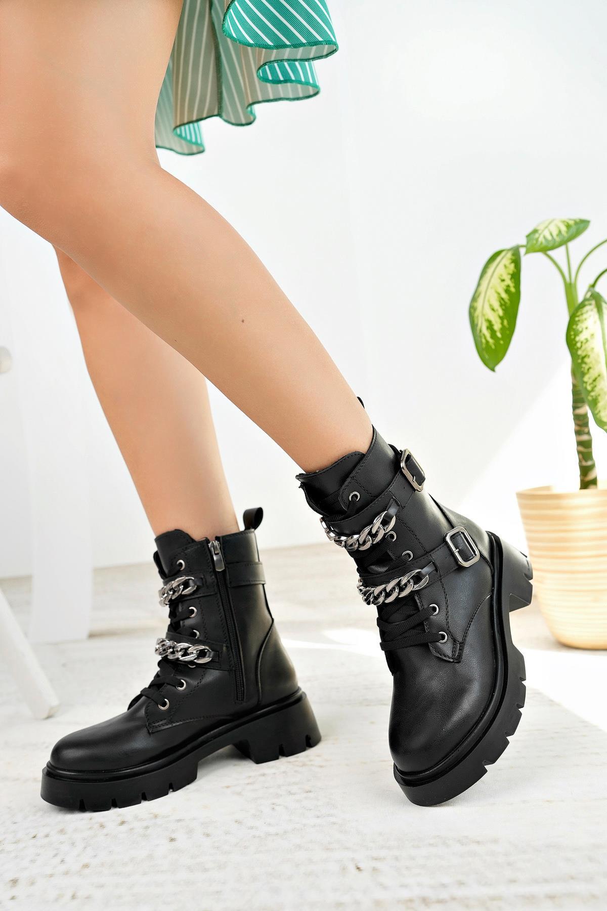 Nesil Shoes İfs 302 Siyah Çift Tokalı Kadın Bot