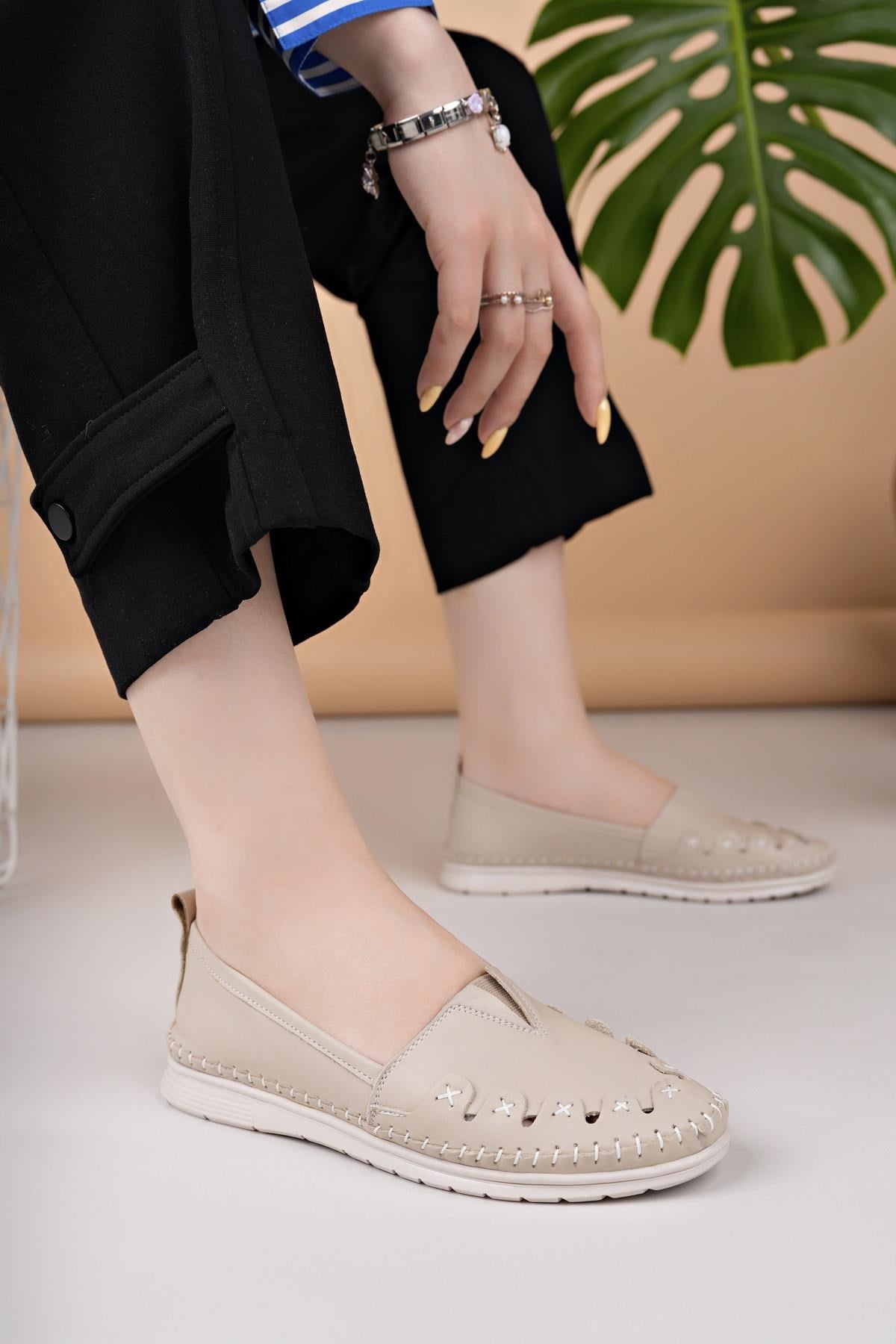 Nesil Shoes Knc 022 Bej Hakiki Soft Deri Kadın Ayakkabı
