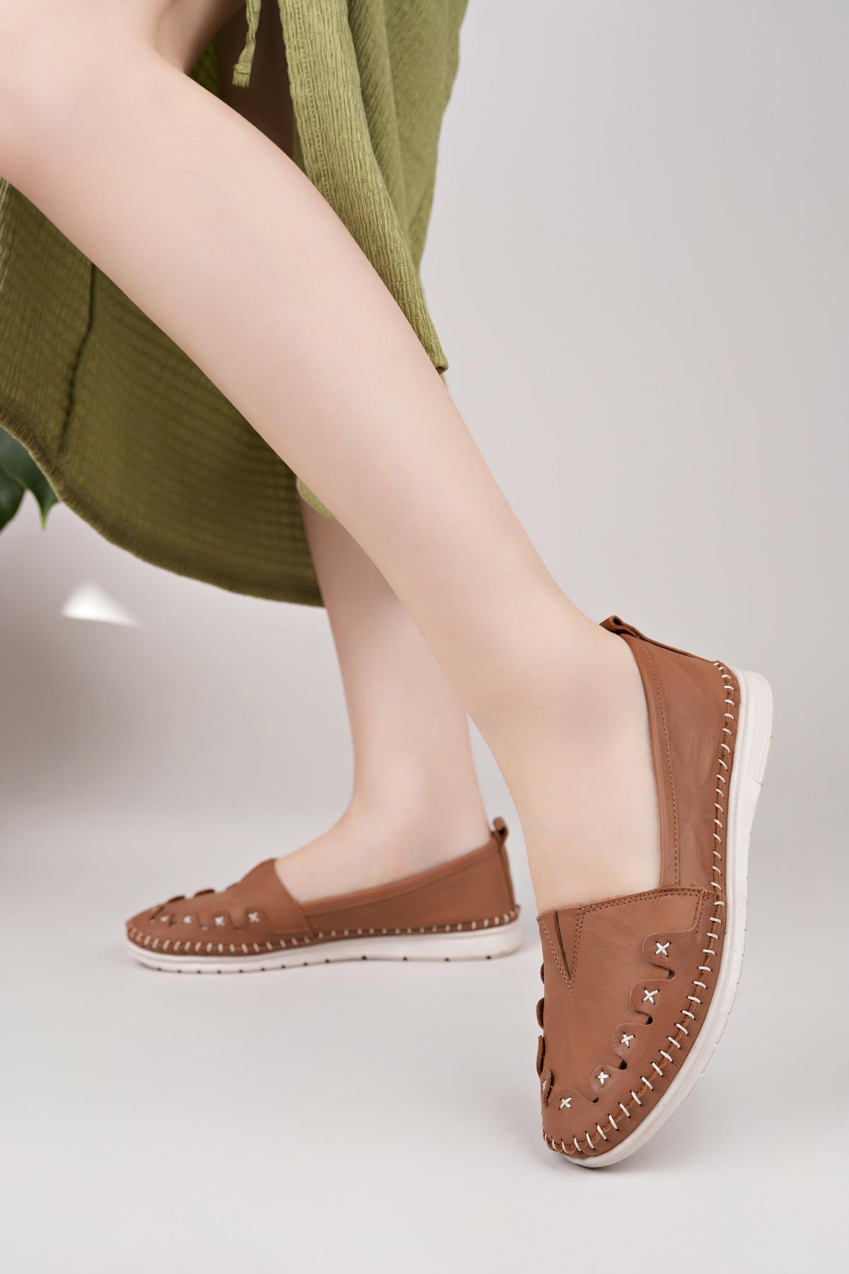 Nesil Shoes Knc 022 Taba Hakiki Soft Deri Kadın Ayakkabı