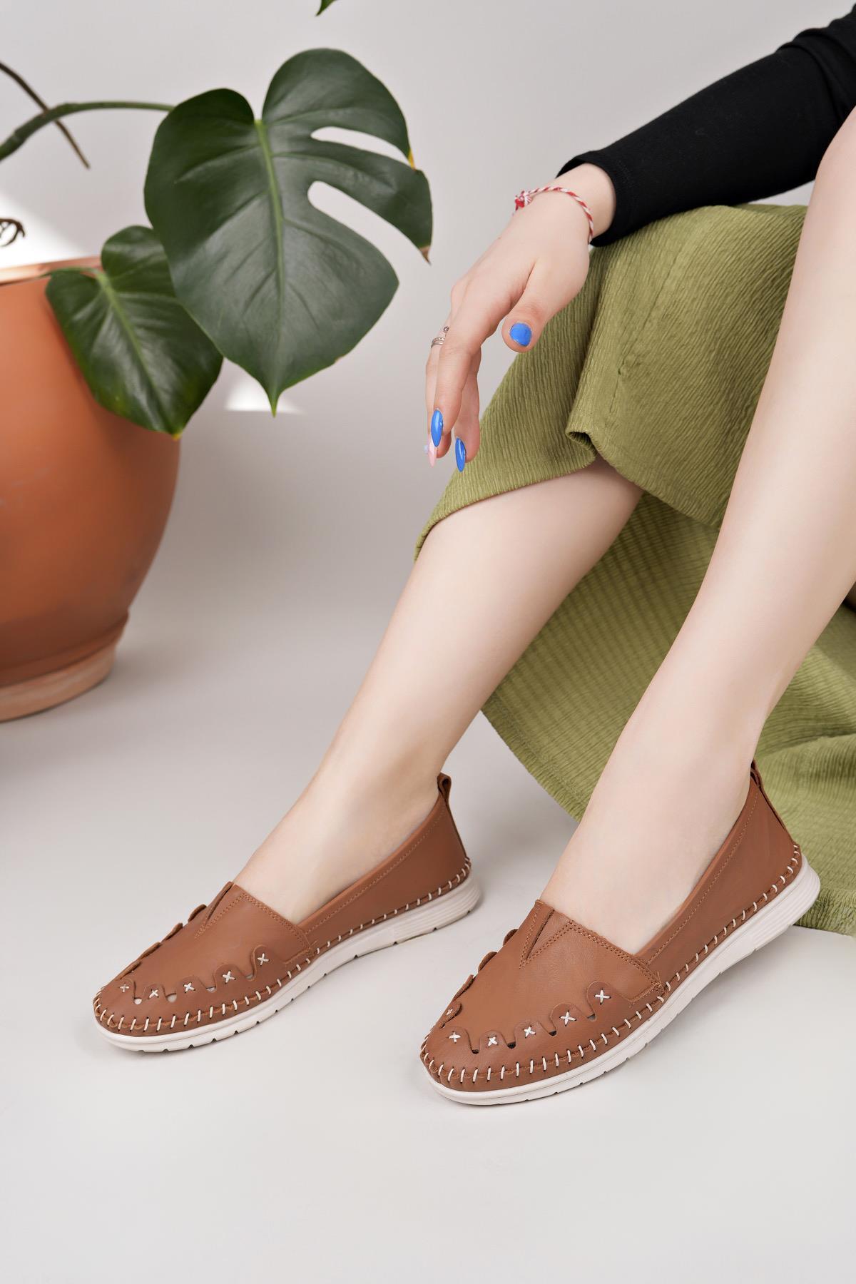 Nesil Shoes Knc 022 Taba Hakiki Soft Deri Kadın Ayakkabı